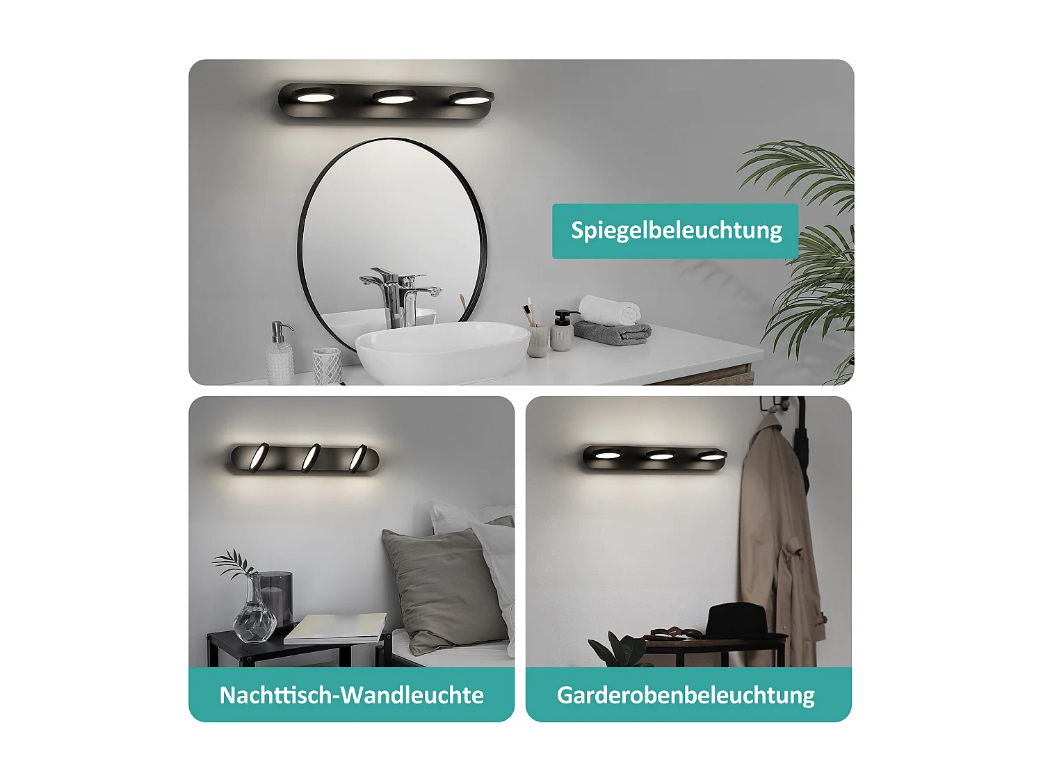 EMKE Applique LED murale noire pour salle de bain, éclairage miroir 50 cm, 15 W, lumière neutre 4000 K