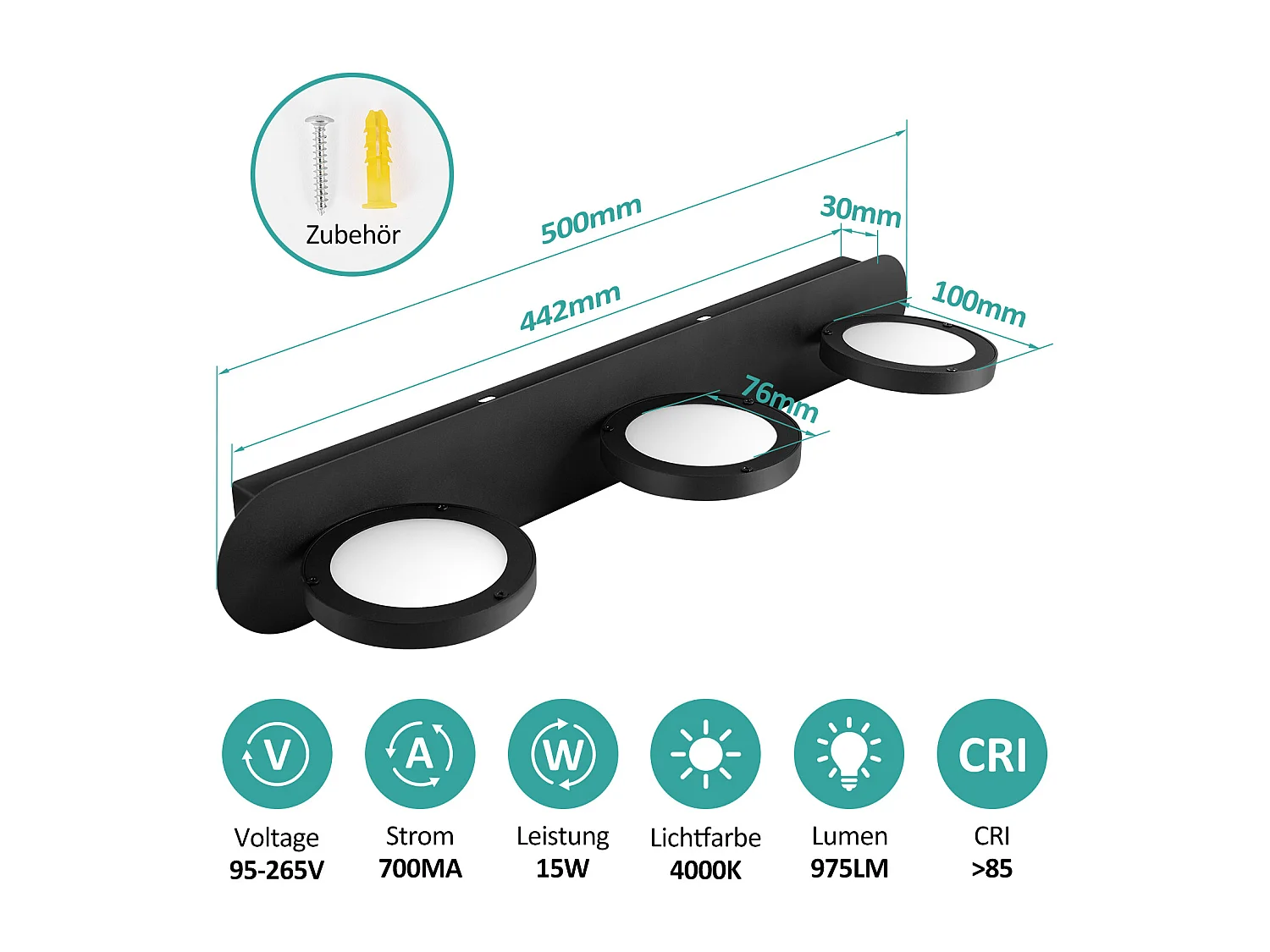 EMKE Applique LED murale noire pour salle de bain, éclairage miroir 50 cm, 15 W, lumière neutre 4000 K