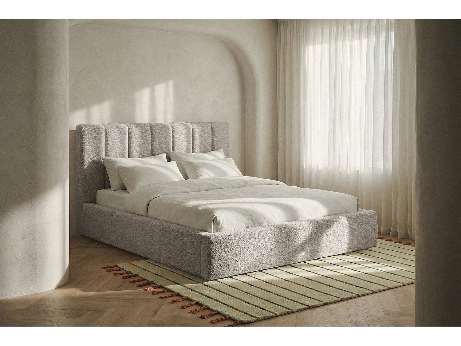 Lit capitonné MNUUO FELAA avec coffre de rangement, gris clair, 200 x 200 cm, sommier à lattes en bois relevable