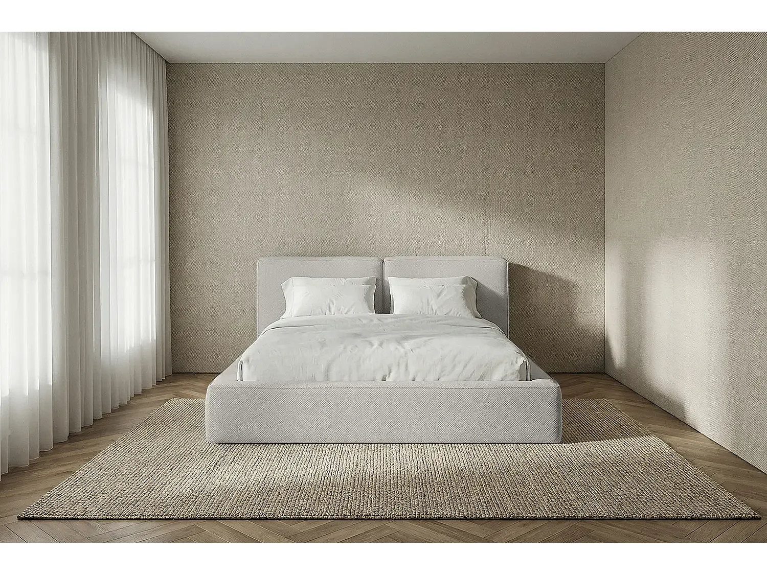 Lit capitonné MNUUO NEENO avec coffre de rangement, gris clair, 180 x 200 cm, sommier à lattes en bois relevable