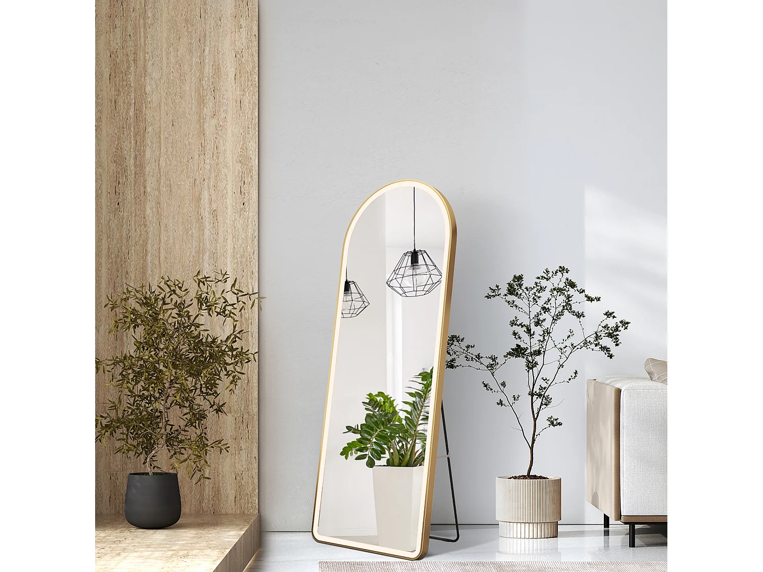 Miroir LED pleine longueur EMKE, 147x45 cm - Éclairage à 3 couleurs réglables, intensité dimmable, interrupteur tactile, doré