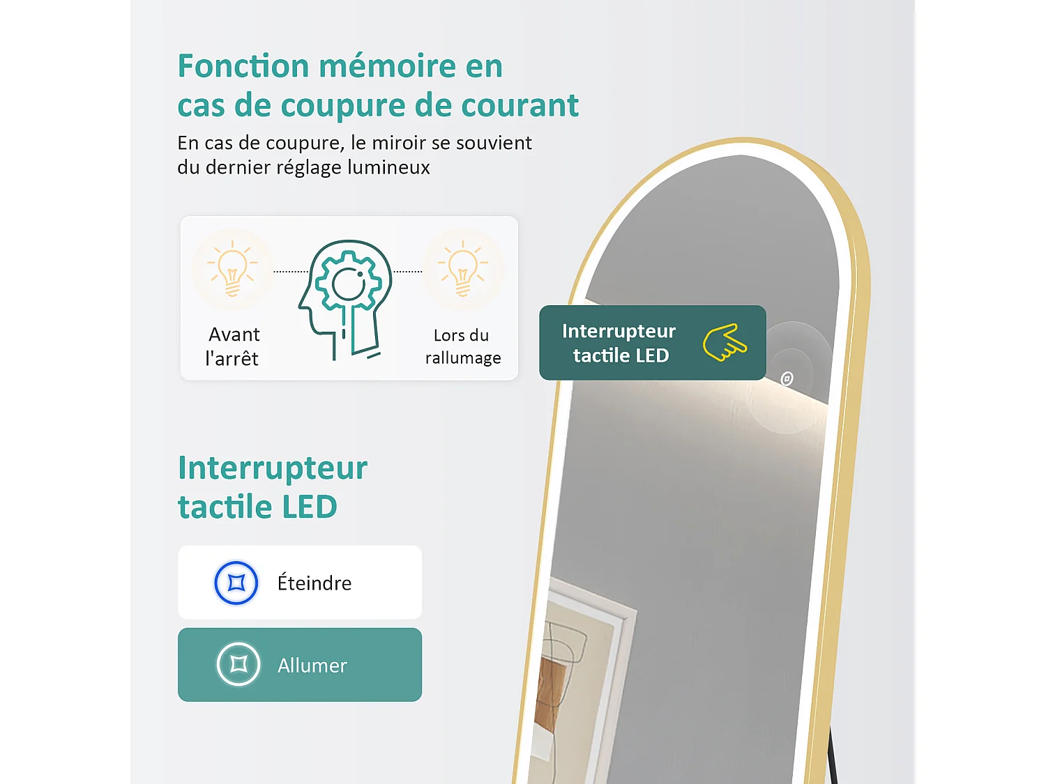 Miroir LED pleine longueur EMKE, 147x45 cm - Éclairage à 3 couleurs réglables, intensité dimmable, interrupteur tactile, doré