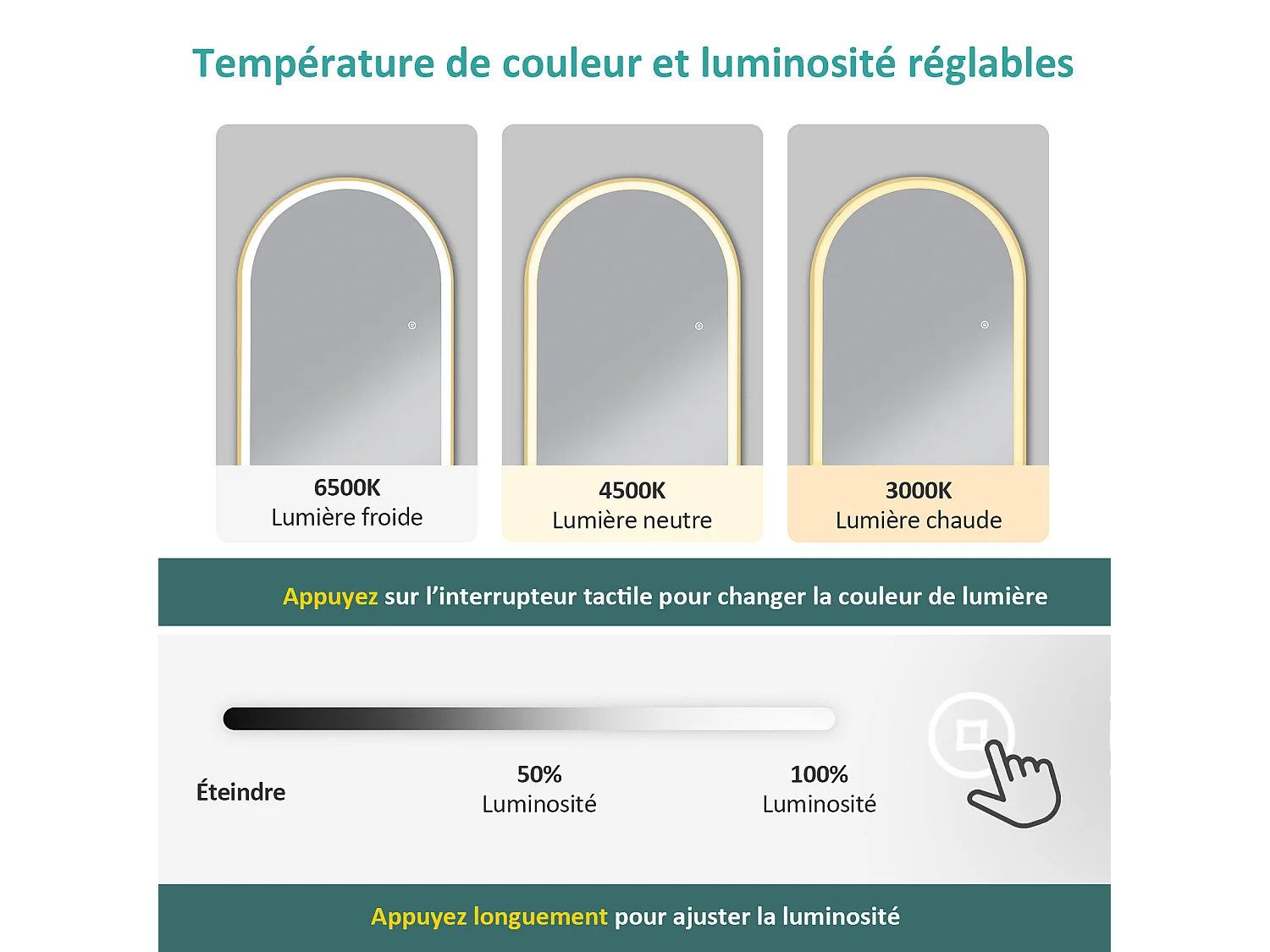 Miroir LED pleine longueur EMKE, 147x45 cm - Éclairage à 3 couleurs réglables, intensité dimmable, interrupteur tactile, doré