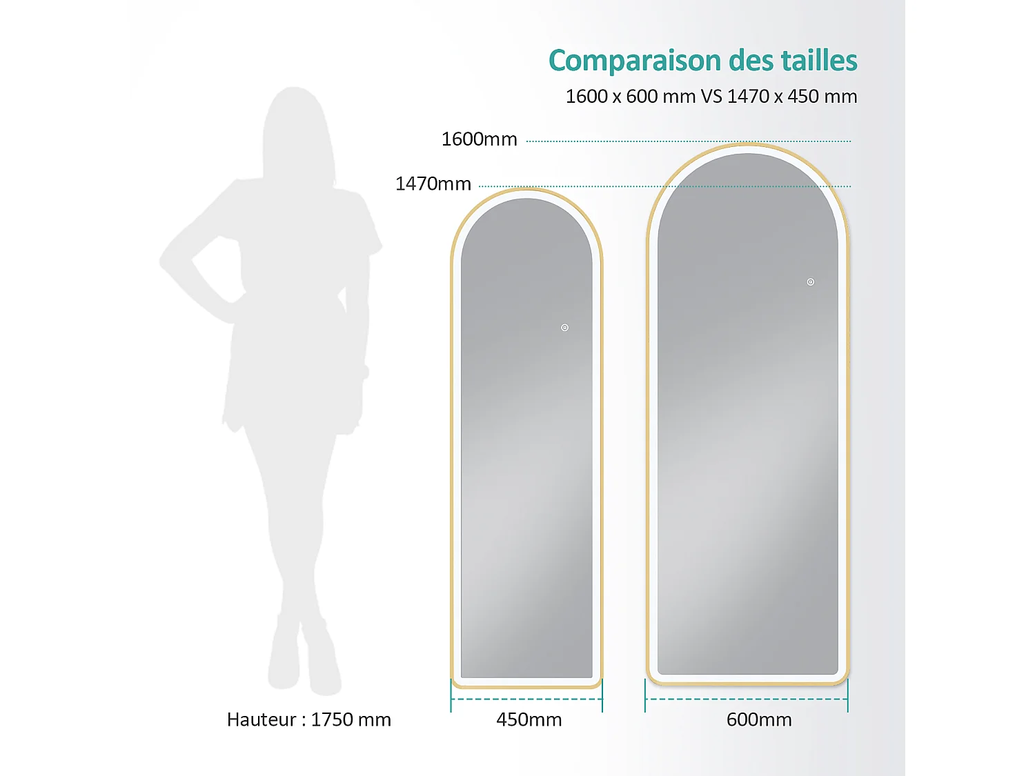 Miroir LED pleine longueur EMKE, 147x45 cm - Éclairage à 3 couleurs réglables, intensité dimmable, interrupteur tactile, doré