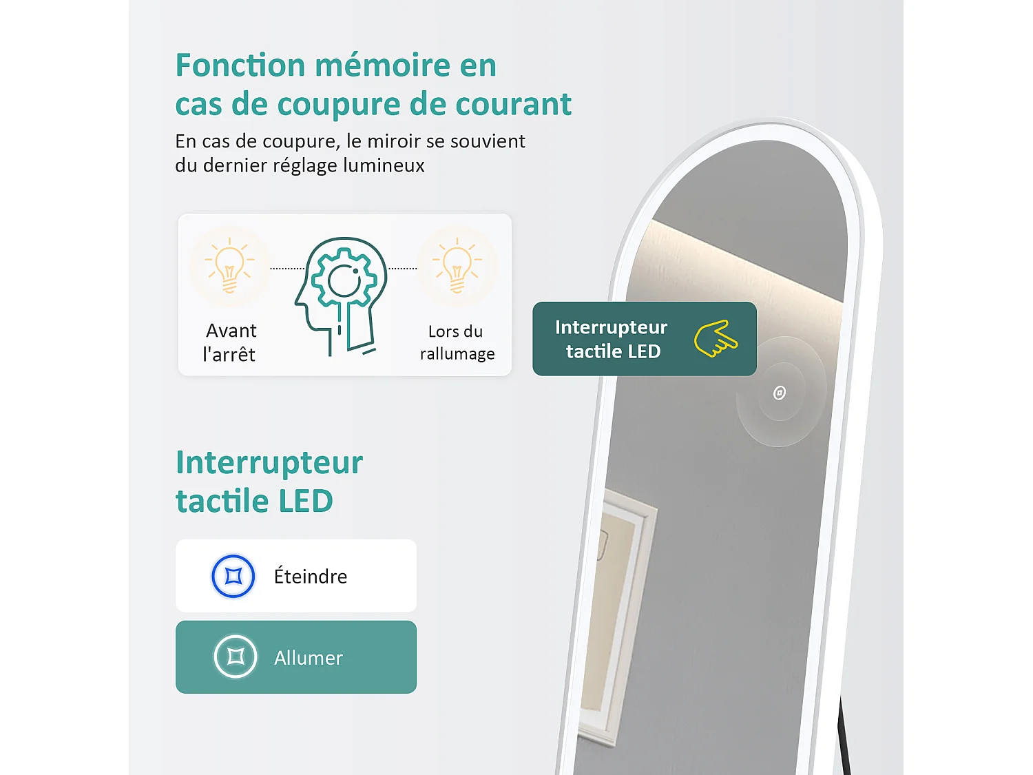 Miroir LED pleine longueur EMKE, 147x45 cm - Éclairage à 3 couleurs réglables, intensité dimmable, interrupteur tactile, blanc