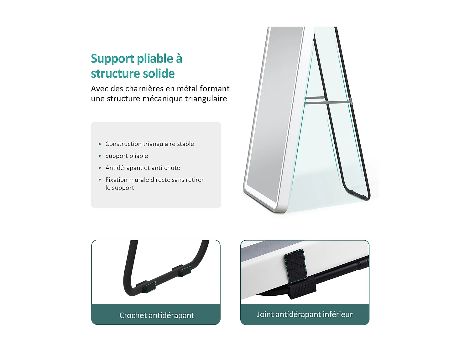 Miroir LED pleine longueur EMKE, 147x45 cm - Éclairage à 3 couleurs réglables, intensité dimmable, interrupteur tactile, blanc