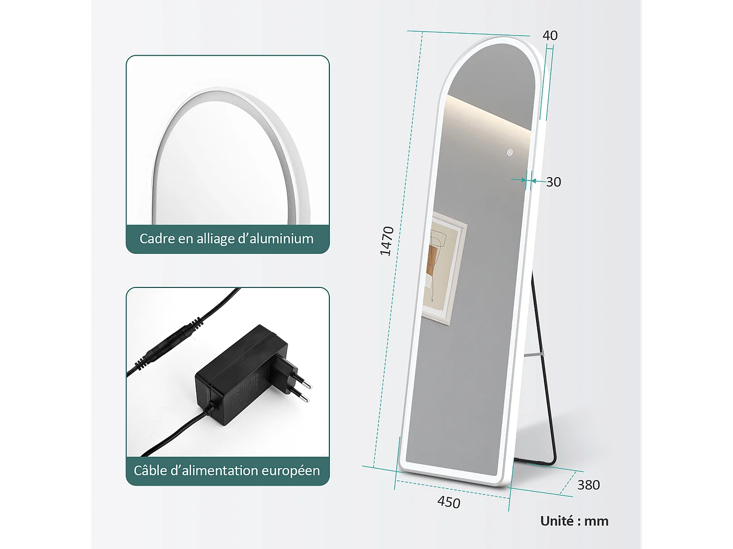 Miroir LED pleine longueur EMKE, 147x45 cm - Éclairage à 3 couleurs réglables, intensité dimmable, interrupteur tactile, blanc