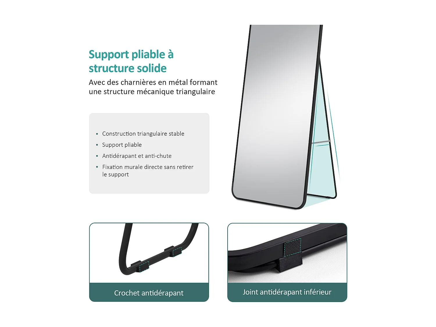 Miroir Pleine Longueur EMKE - Cadre Aluminium Noir, 160 x 60 cm, Mural ou sur Pied