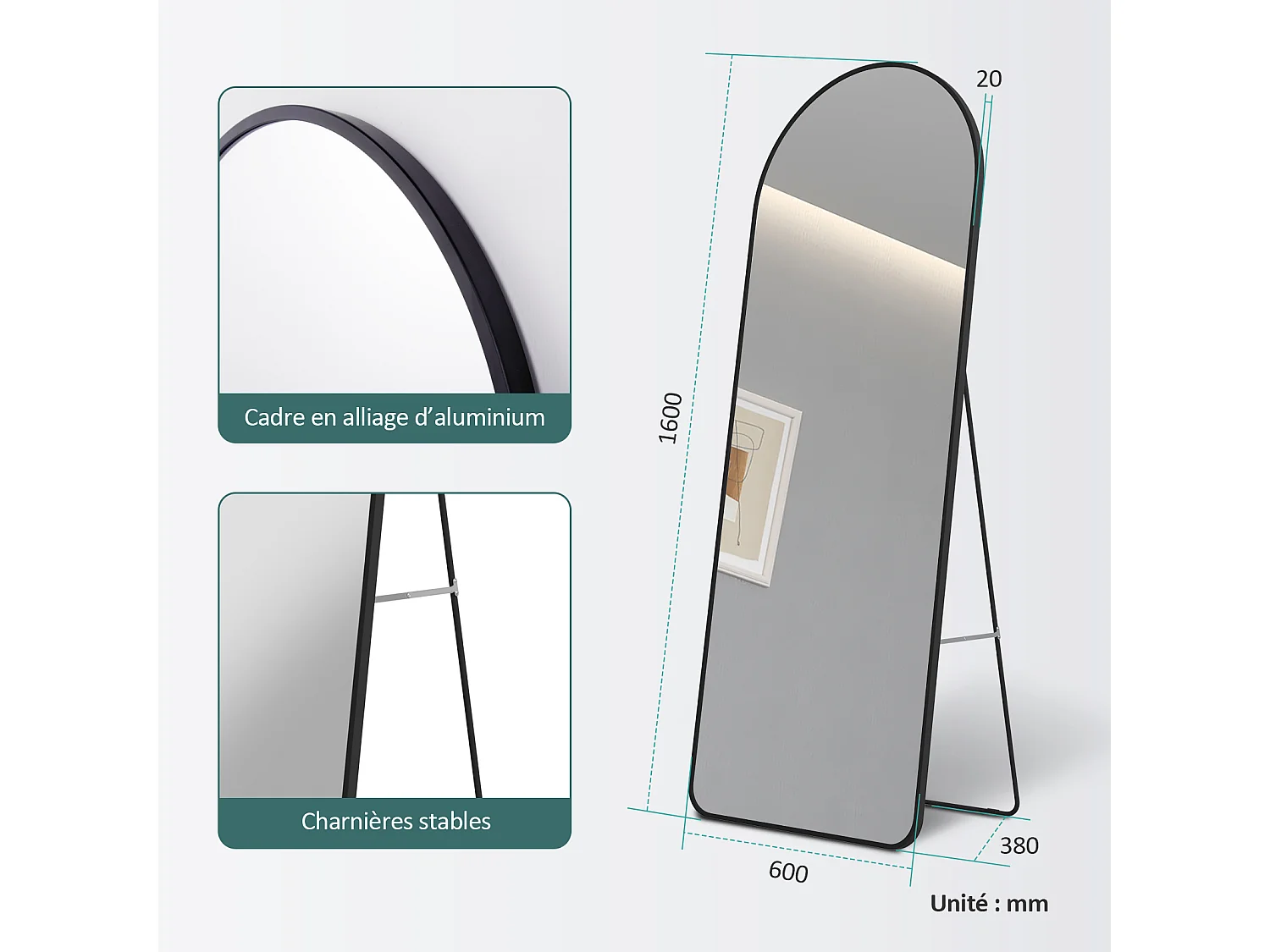 Miroir Pleine Longueur EMKE - Cadre Aluminium Noir, 160 x 60 cm, Mural ou sur Pied
