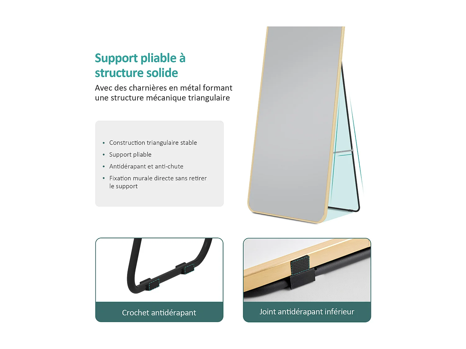 Miroir Pleine Longueur EMKE - Cadre Aluminium Doré, 160 x 60 cm, Mural ou sur Pied