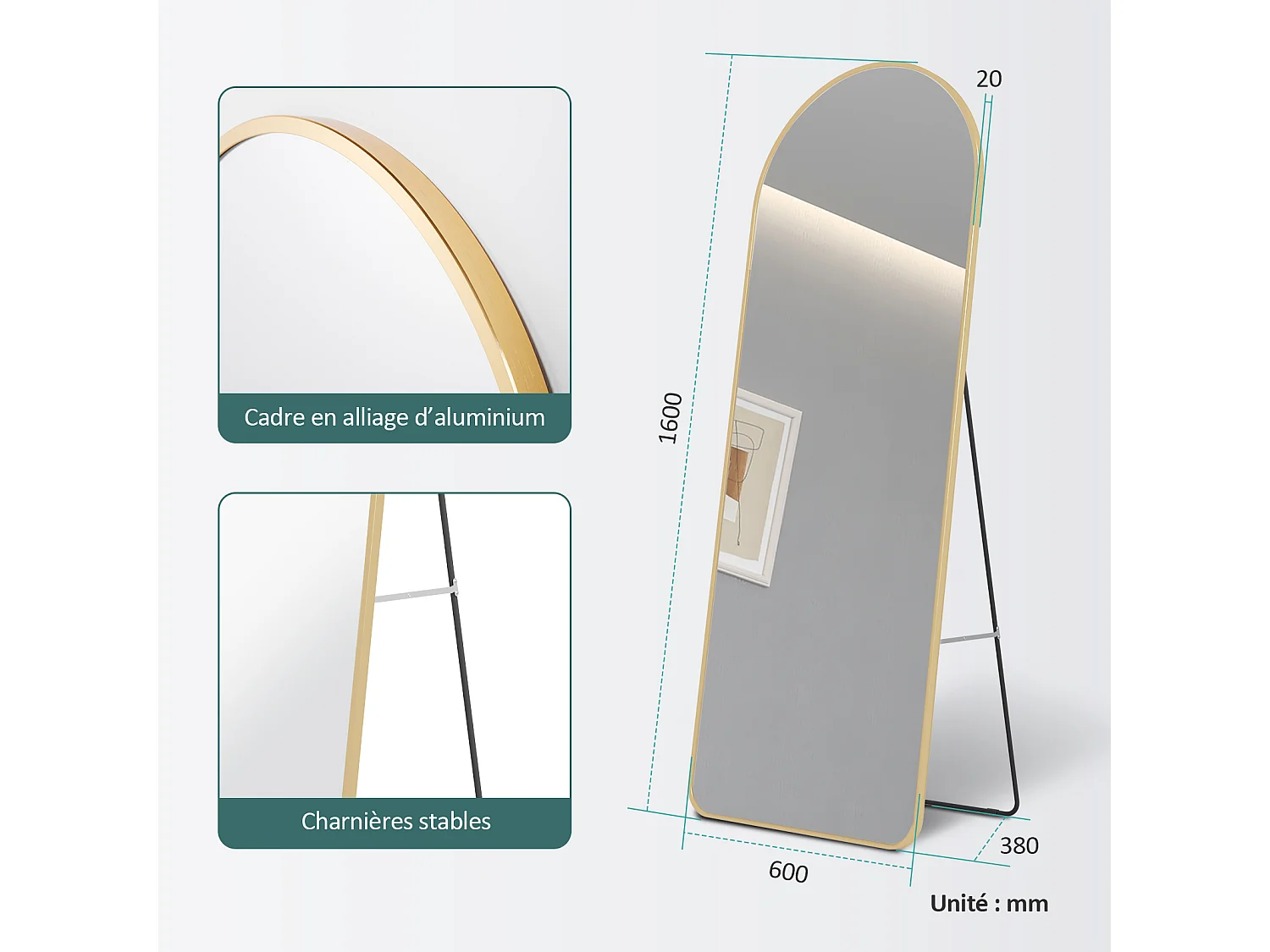 Miroir Pleine Longueur EMKE - Cadre Aluminium Doré, 160 x 60 cm, Mural ou sur Pied
