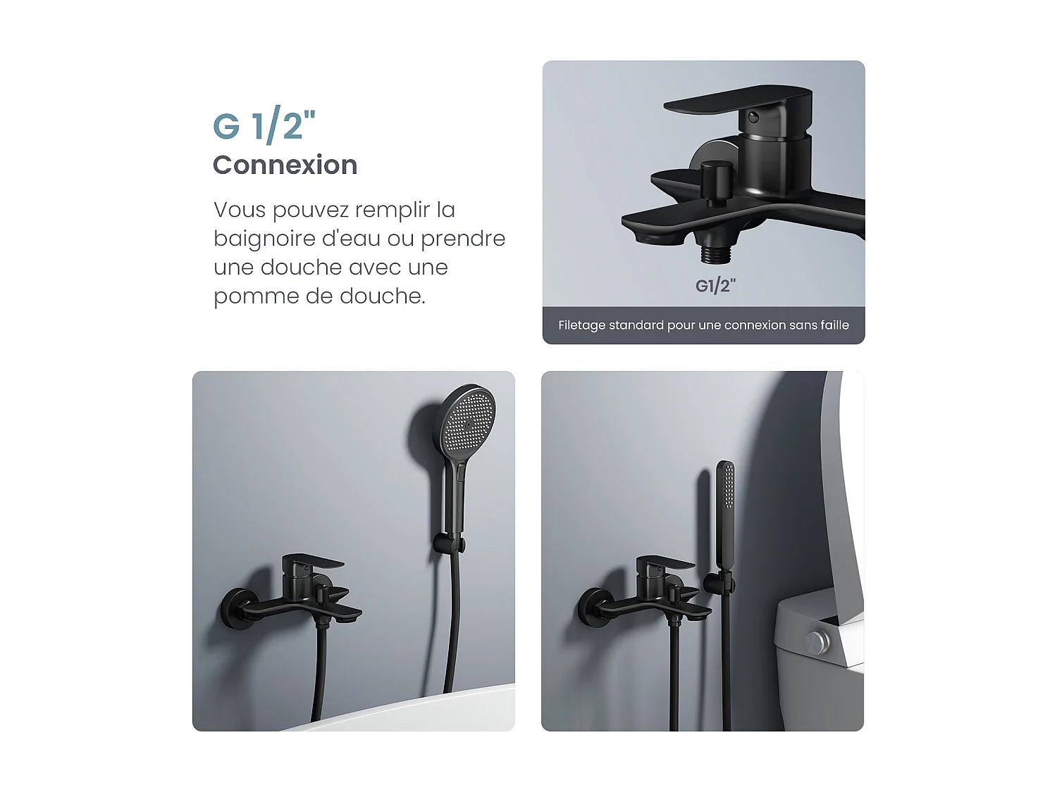 EMKE Mitigeur mural bain-douche noir mat, robinet de salle de bain à levier unique, dimensions 21,2 x 18,3 cm