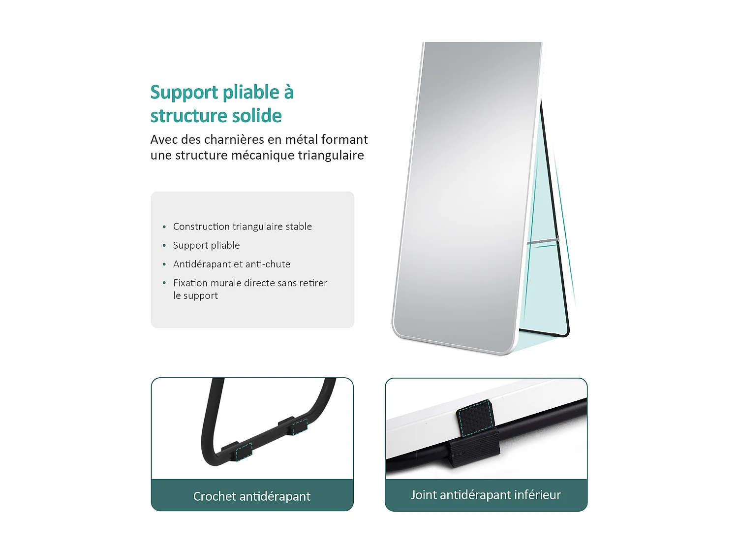 Miroir Pleine Longueur EMKE - Cadre Aluminium Blanc, 160 x 60 cm, Mural ou sur Pied