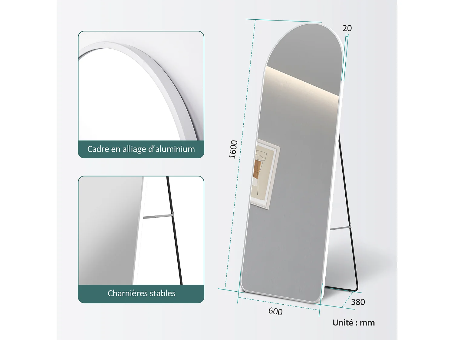 Miroir Pleine Longueur EMKE - Cadre Aluminium Blanc, 160 x 60 cm, Mural ou sur Pied