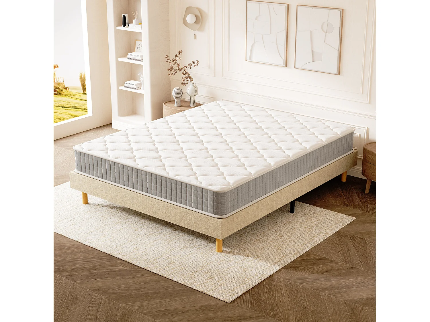 Ensemble Matelas Mousse 140x190 cm Epaisseur 30cm + Sommier Déco