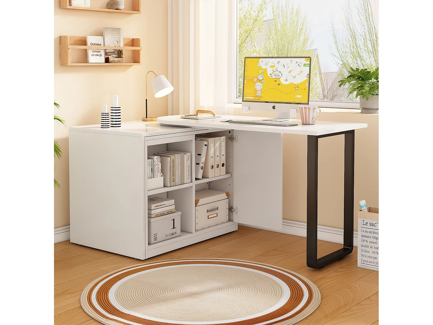 Lit escamotable 2 en 1 avec bureau intégré, 90x200 cm avec matelas 4 cm roulettes armoire 2 rangements, gain de place chambre studio, blanc