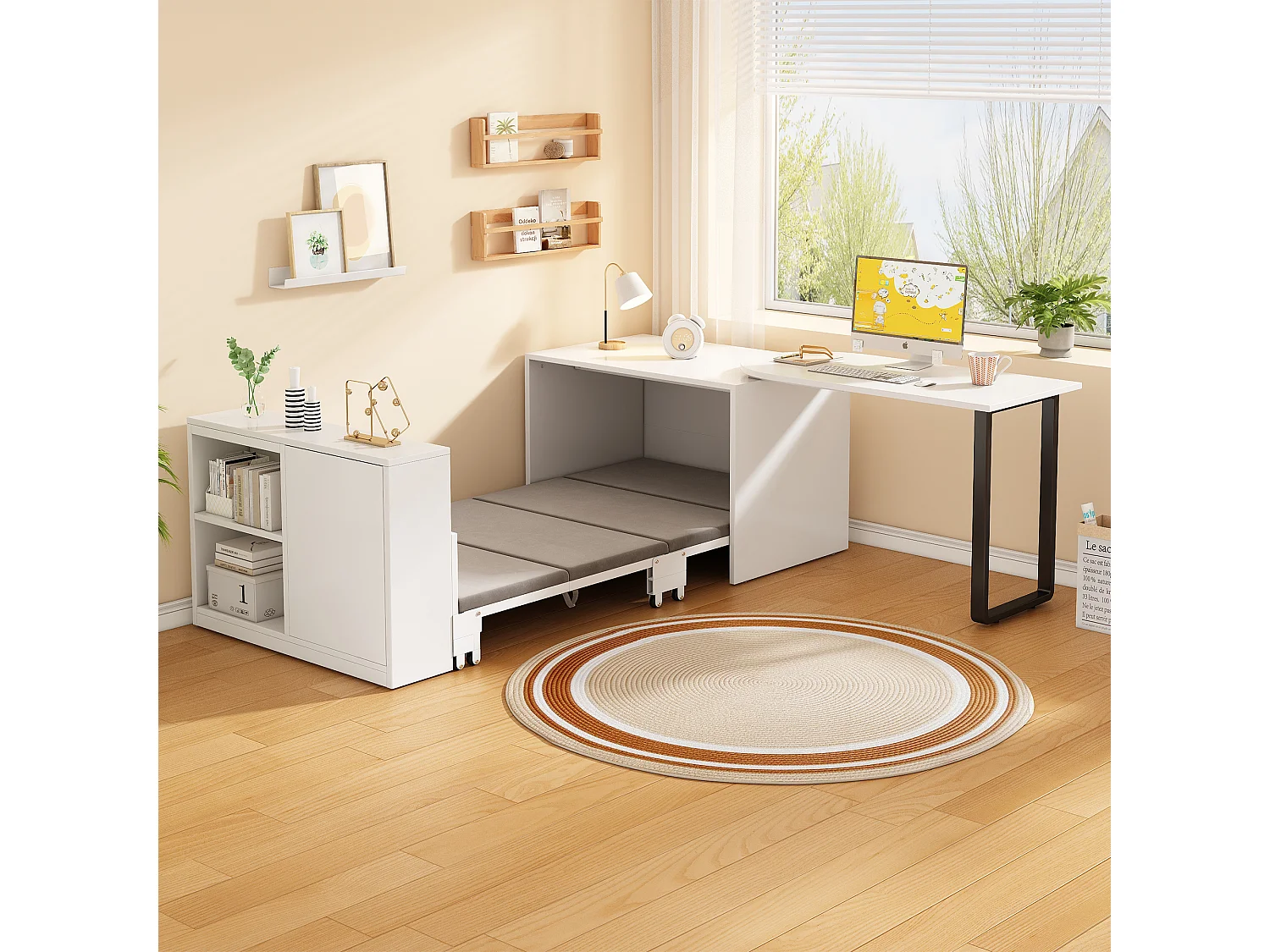Lit escamotable 2 en 1 avec bureau intégré, 90x200 cm avec matelas 4 cm roulettes armoire 2 rangements, gain de place chambre studio, blanc