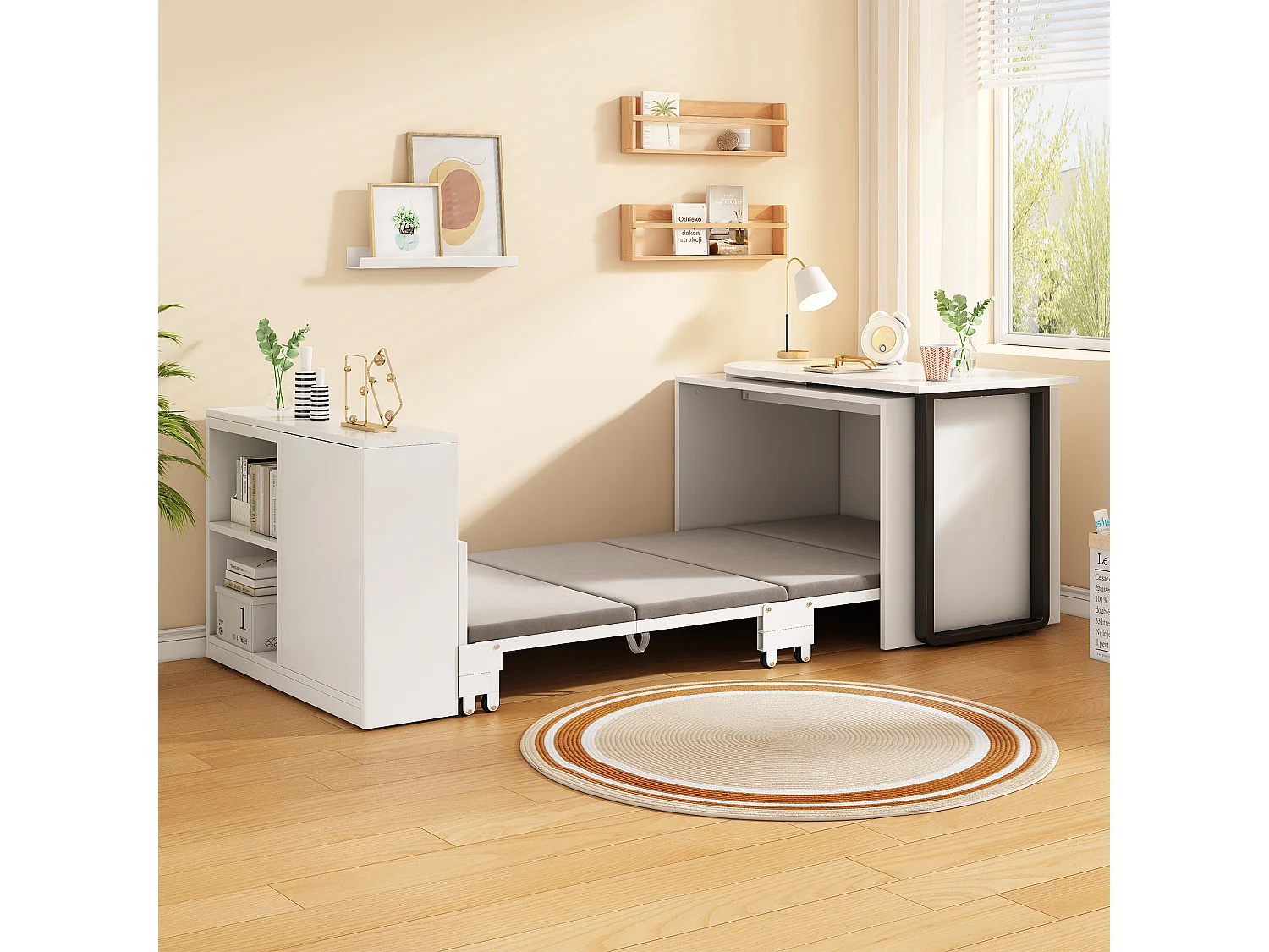 Lit escamotable 2 en 1 avec bureau intégré, 90x200 cm avec matelas 4 cm roulettes armoire 2 rangements, gain de place chambre studio, blanc