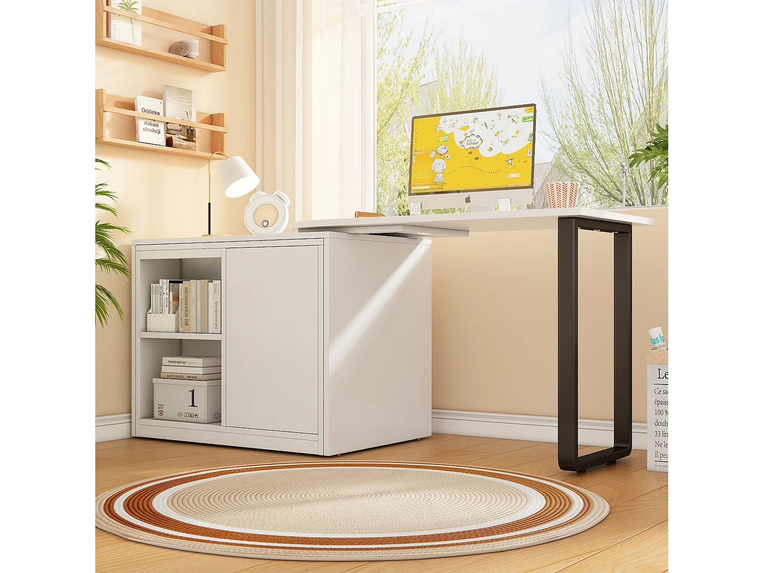 Lit escamotable 2 en 1 avec bureau intégré, 90x200 cm avec matelas 4 cm roulettes armoire 2 rangements, gain de place chambre studio, blanc