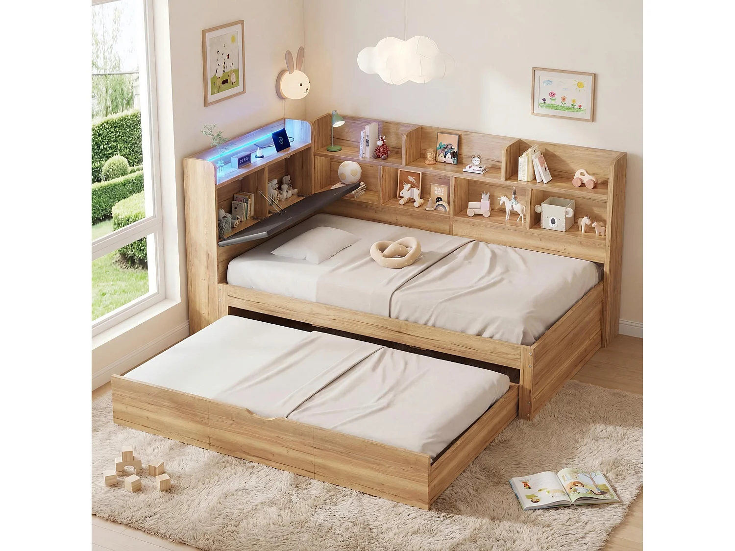 Lit enfant 90x200 avec rangement, éclairage LED et ports USB, lit gigogne 90x190cm, lit de jour en bois L-shaped avec étagères, couleur naturelle