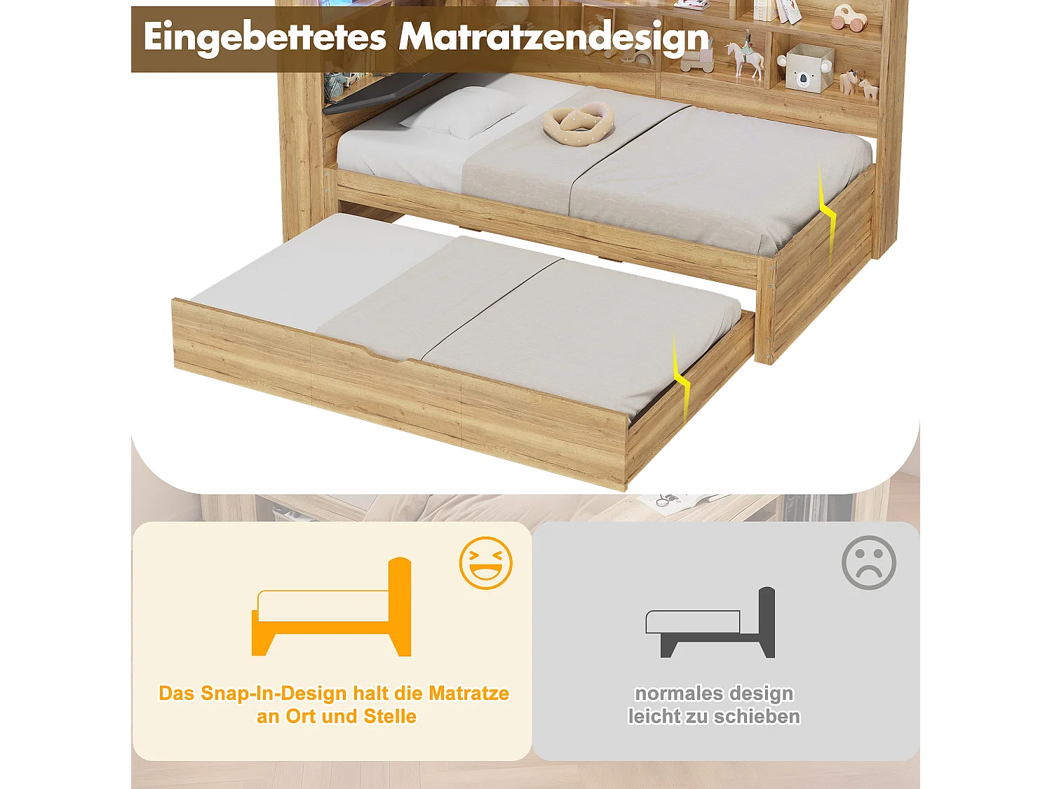 Lit enfant 90x200 avec rangement, éclairage LED et ports USB, lit gigogne 90x190cm, lit de jour en bois L-shaped avec étagères, couleur naturelle