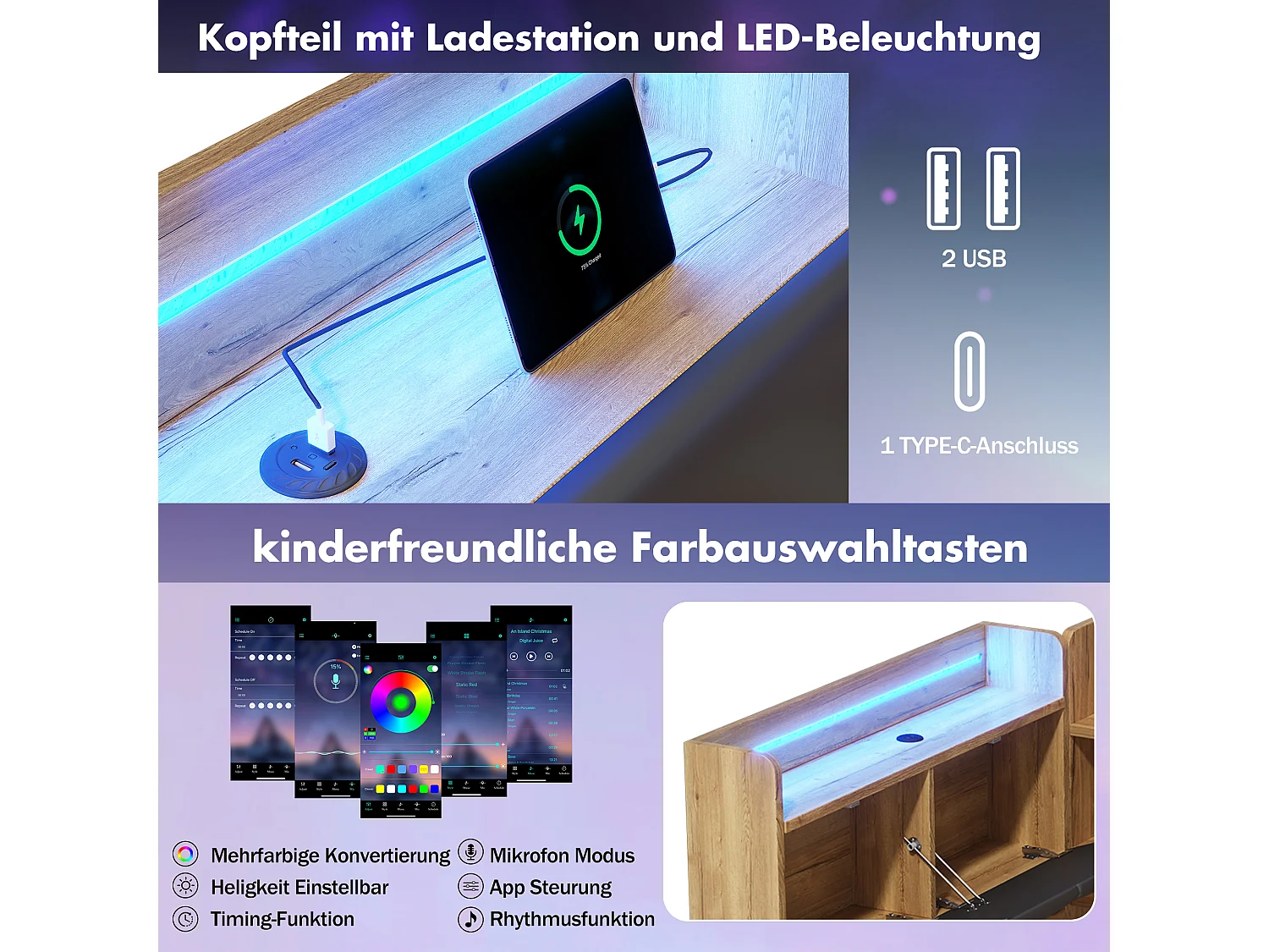 Lit enfant 90x200 avec rangement, éclairage LED et ports USB, lit gigogne 90x190cm, lit de jour en bois L-shaped avec étagères, couleur naturelle