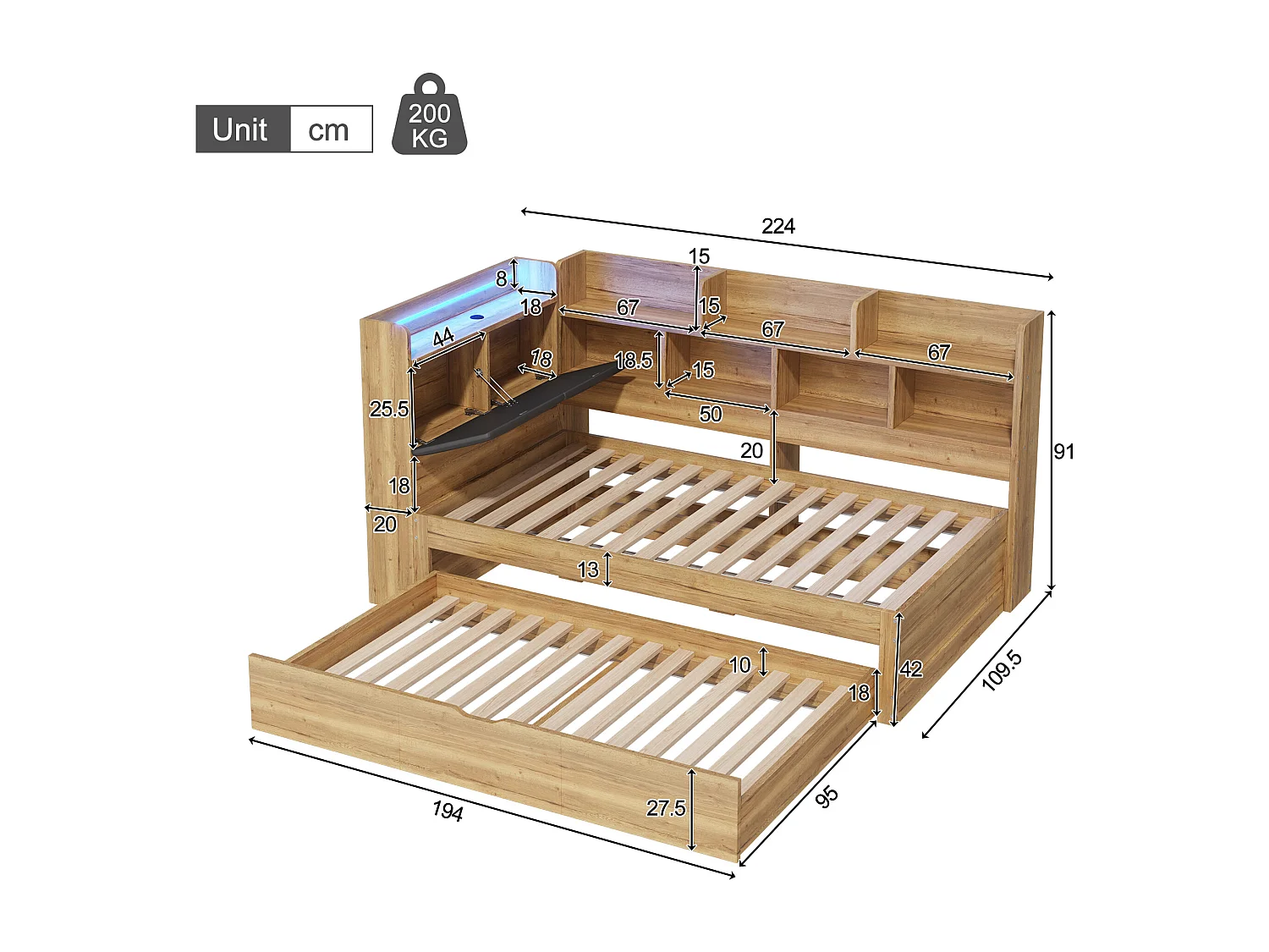 Lit enfant 90x200 avec rangement, éclairage LED et ports USB, lit gigogne 90x190cm, lit de jour en bois L-shaped avec étagères, couleur naturelle