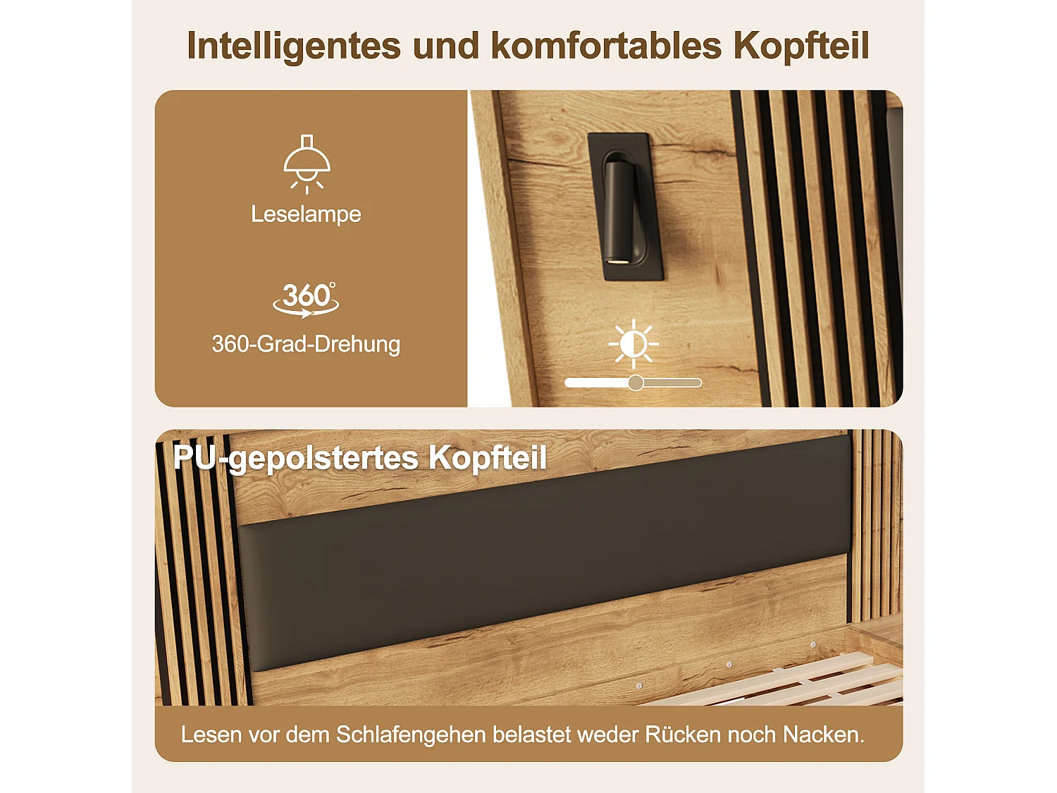 Lit double 180x200 cm en bois naturel avec rangement, lampe de lecture, 2 chevets et tiroirs, lit adulte/adolescent
