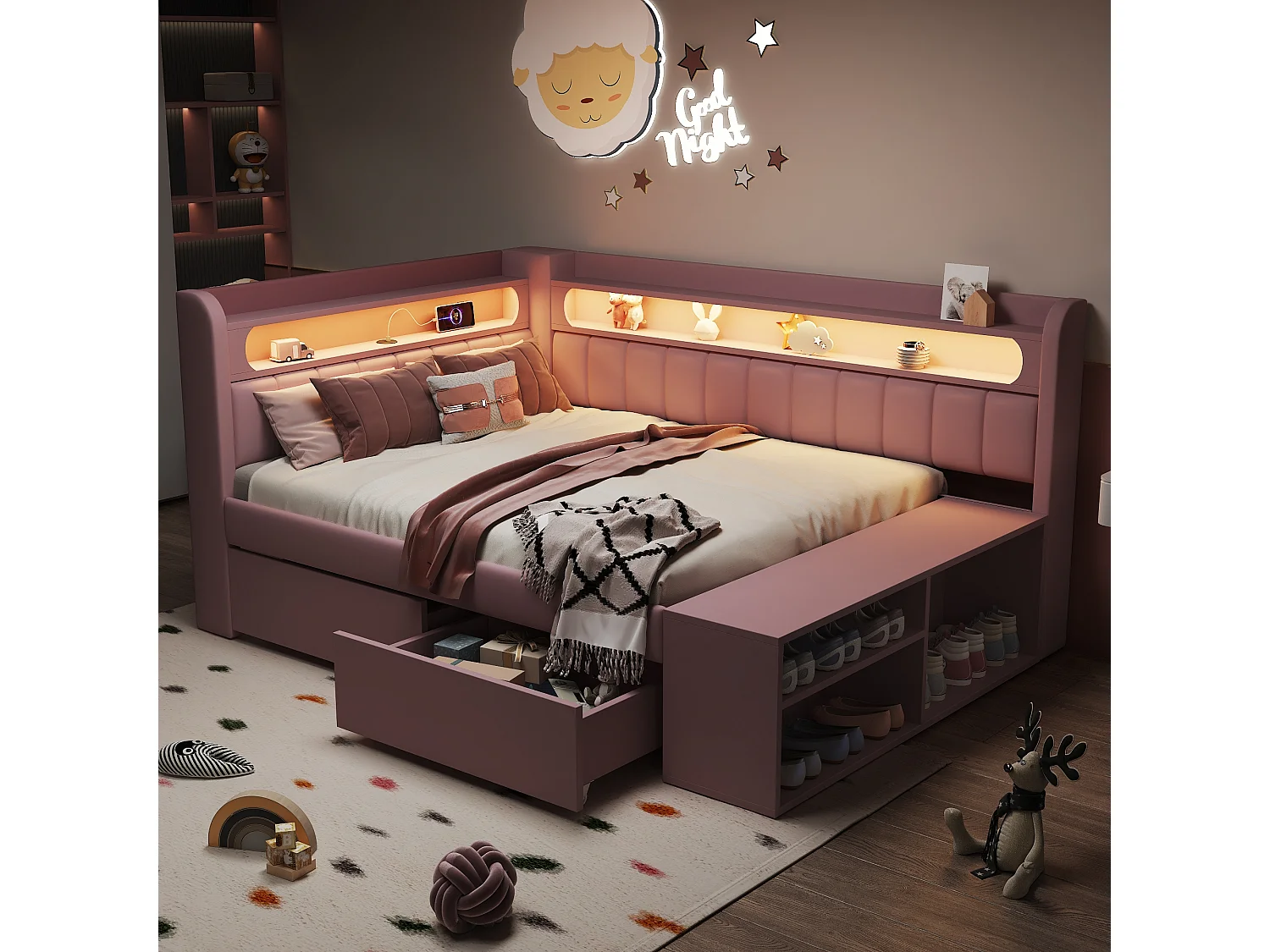 Canapé lit capitonné 90x200 cm avec éclairage LED port USB meuble chaussures 2 tiroirs, multifonction gain de place chambre salon, tissu bois pink