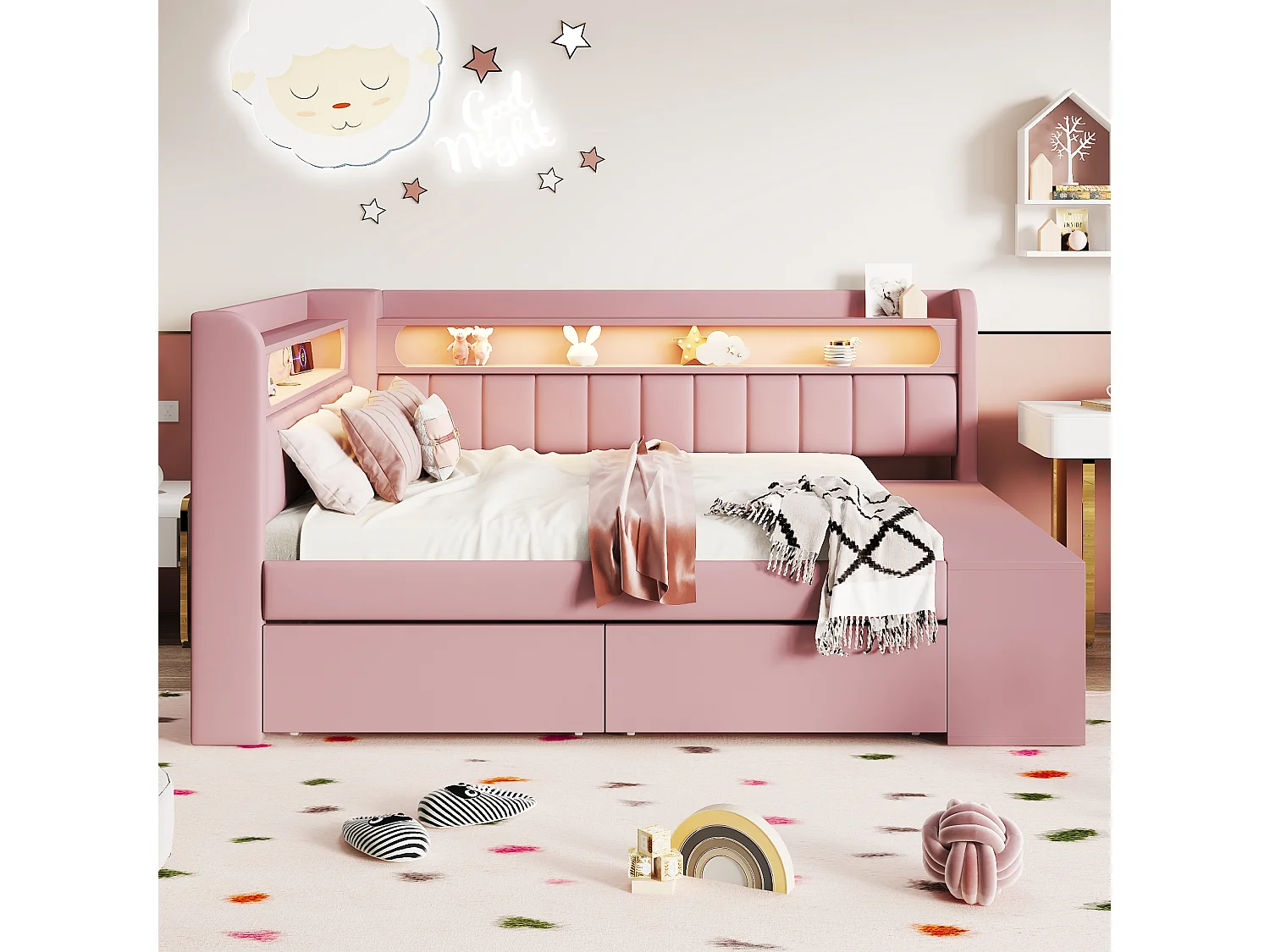 Canapé lit capitonné 90x200 cm avec éclairage LED port USB meuble chaussures 2 tiroirs, multifonction gain de place chambre salon, tissu bois pink