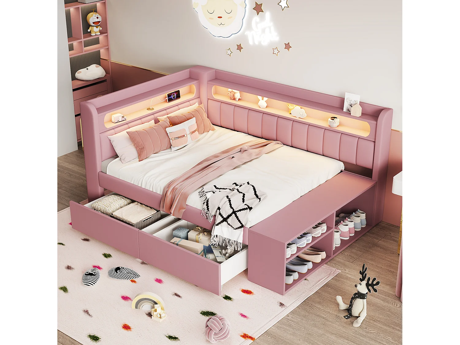 Canapé lit capitonné 90x200 cm avec éclairage LED port USB meuble chaussures 2 tiroirs, multifonction gain de place chambre salon, tissu bois pink