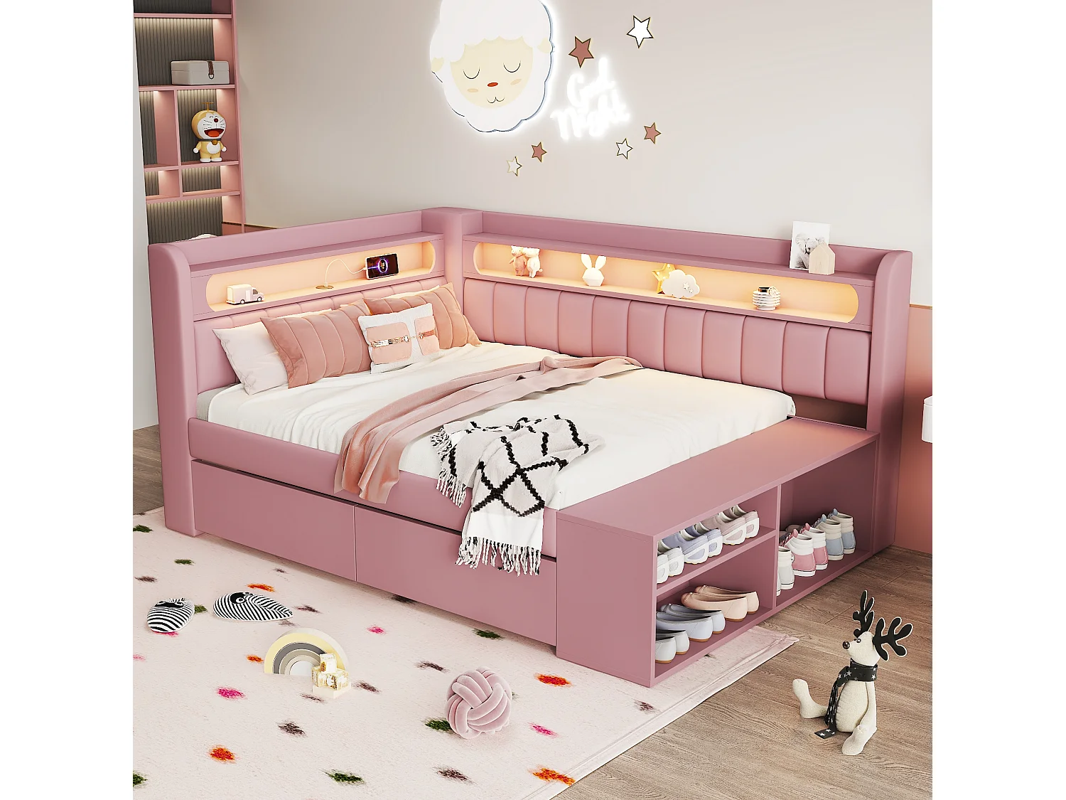 Canapé lit capitonné 90x200 cm avec éclairage LED port USB meuble chaussures 2 tiroirs, multifonction gain de place chambre salon, tissu bois pink