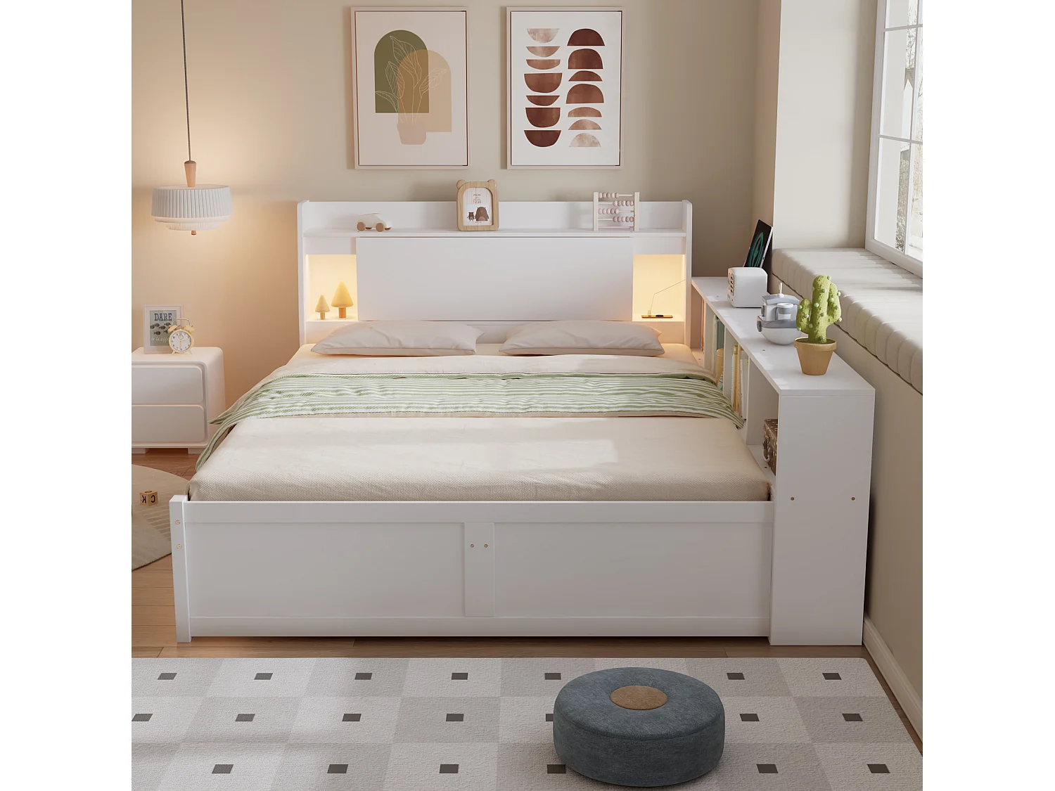 Lit adulte 140x200 cm blanc avec rangements, tête de lit avec étagère, 2 éclairages, prise intégrée et tiroirs