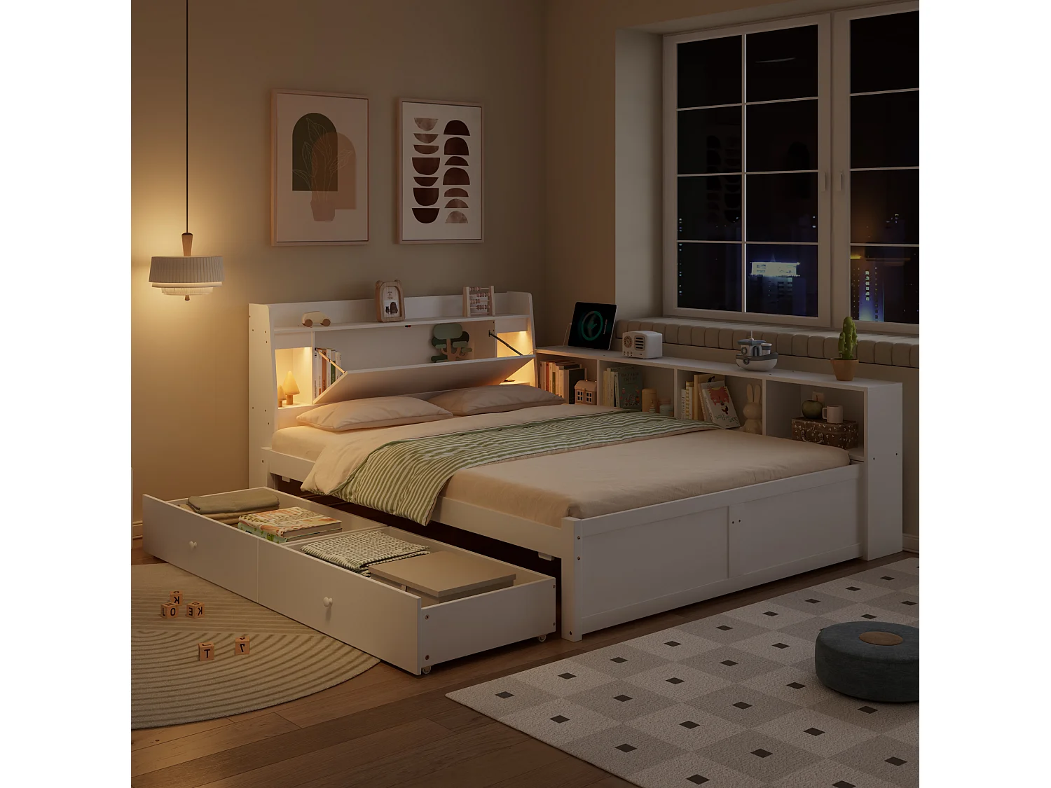Lit adulte 140x200 cm blanc avec rangements, tête de lit avec étagère, 2 éclairages, prise intégrée et tiroirs