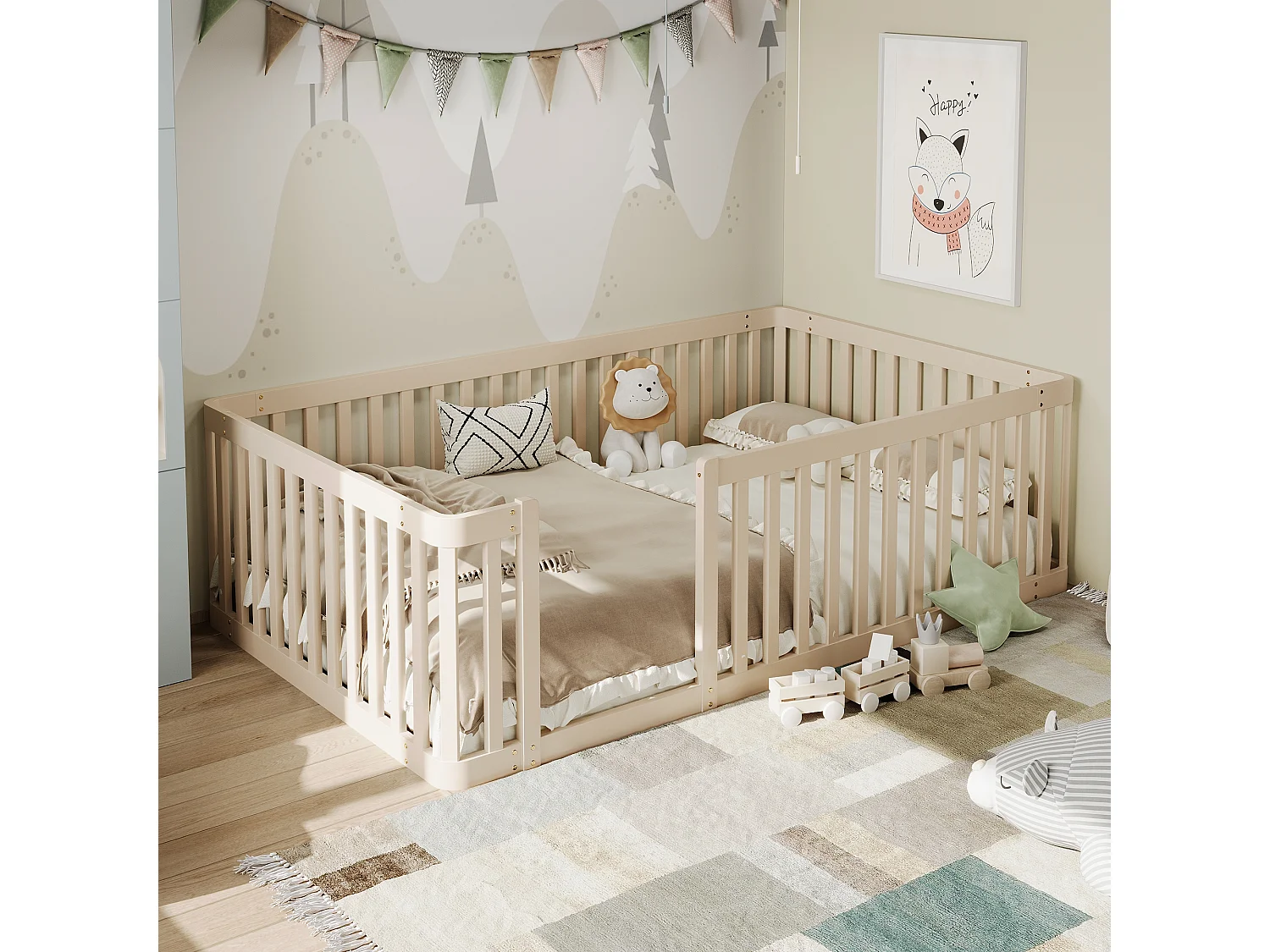 Lit cabane 90x200 cm avec barrières style clôture, design sécurisé pour chambre enfant, structure Crème