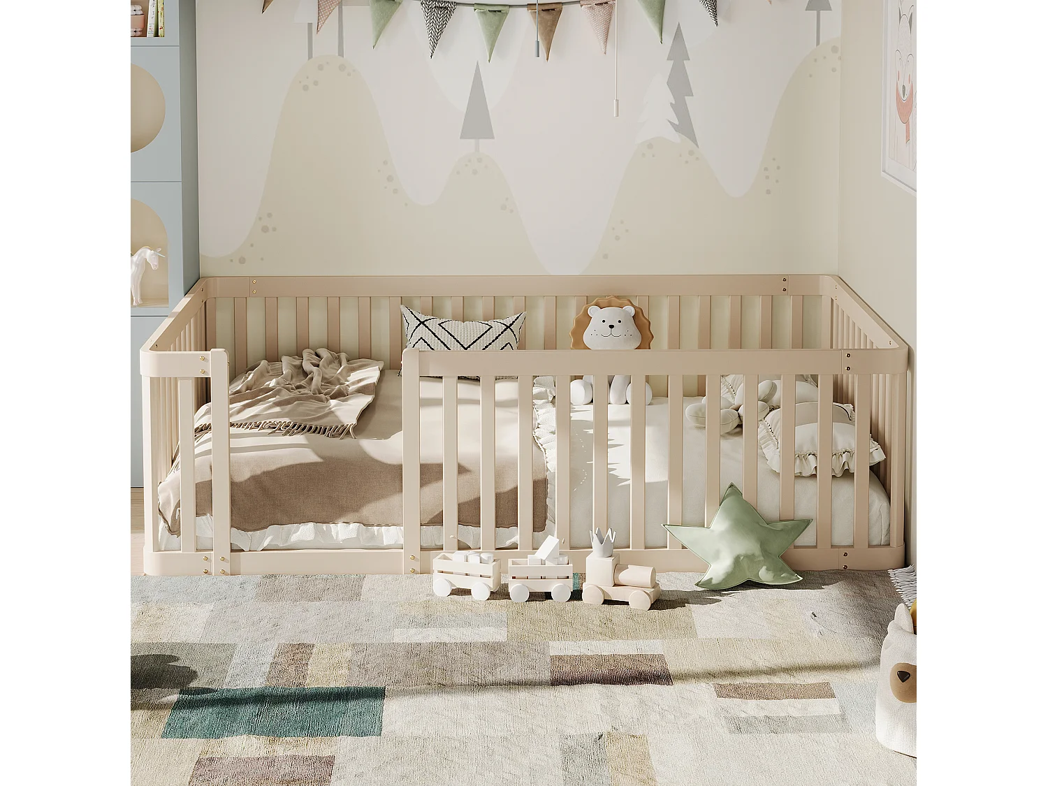 Lit cabane 90x200 cm avec barrières style clôture, design sécurisé pour chambre enfant, structure Crème