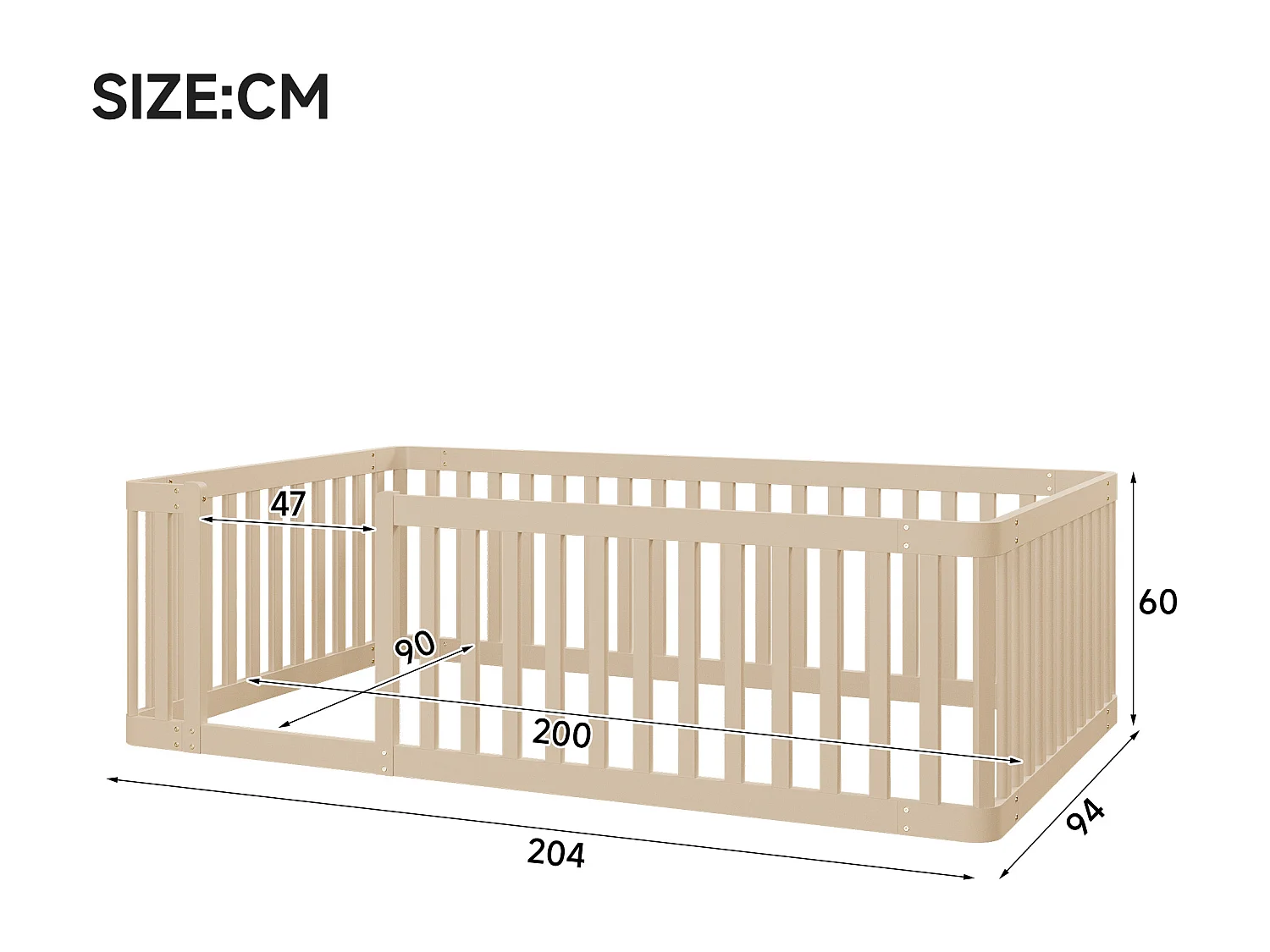Lit cabane 90x200 cm avec barrières style clôture, design sécurisé pour chambre enfant, structure Crème