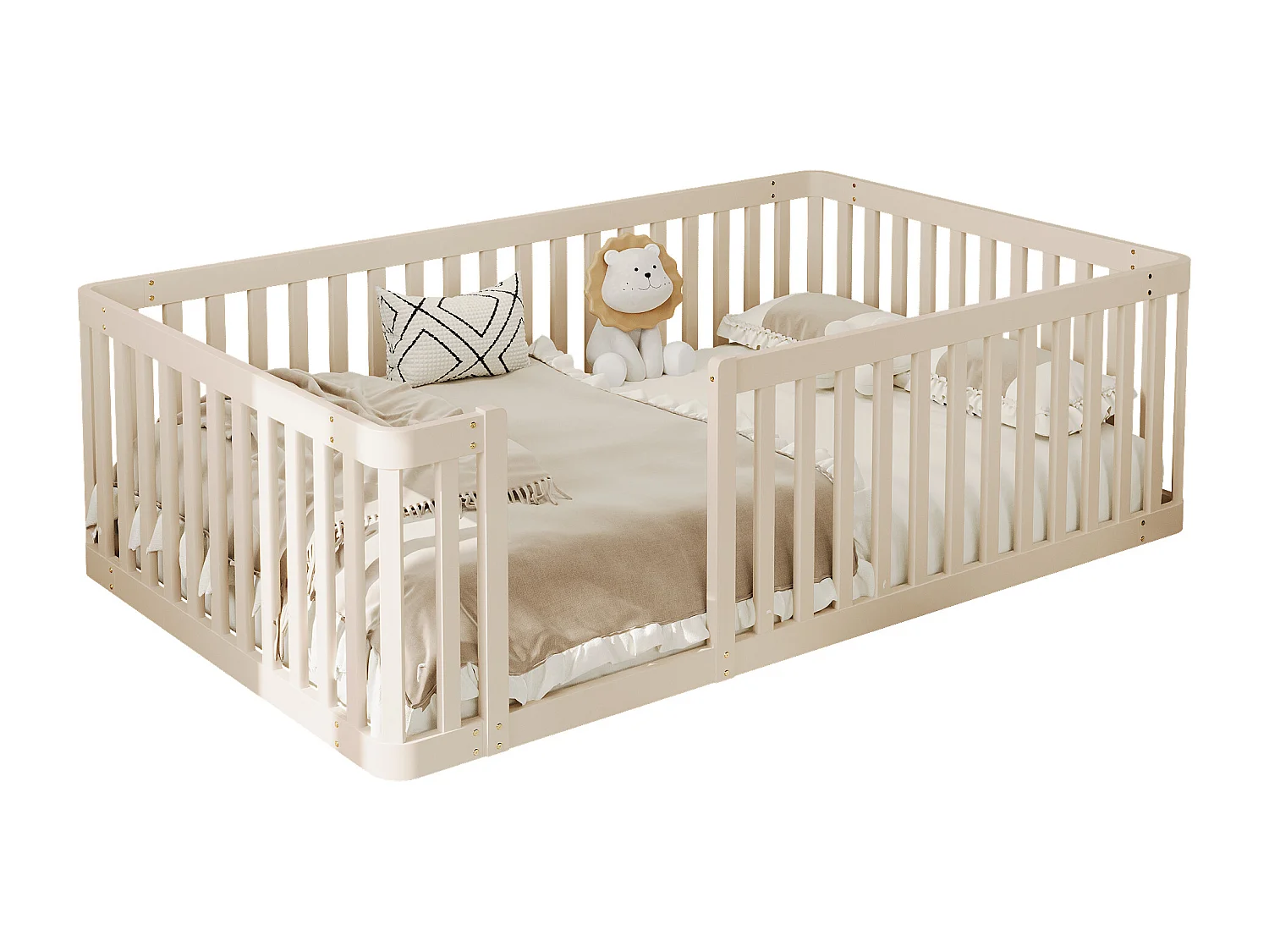 Lit cabane 90x200 cm avec barrières style clôture, design sécurisé pour chambre enfant, structure Crème