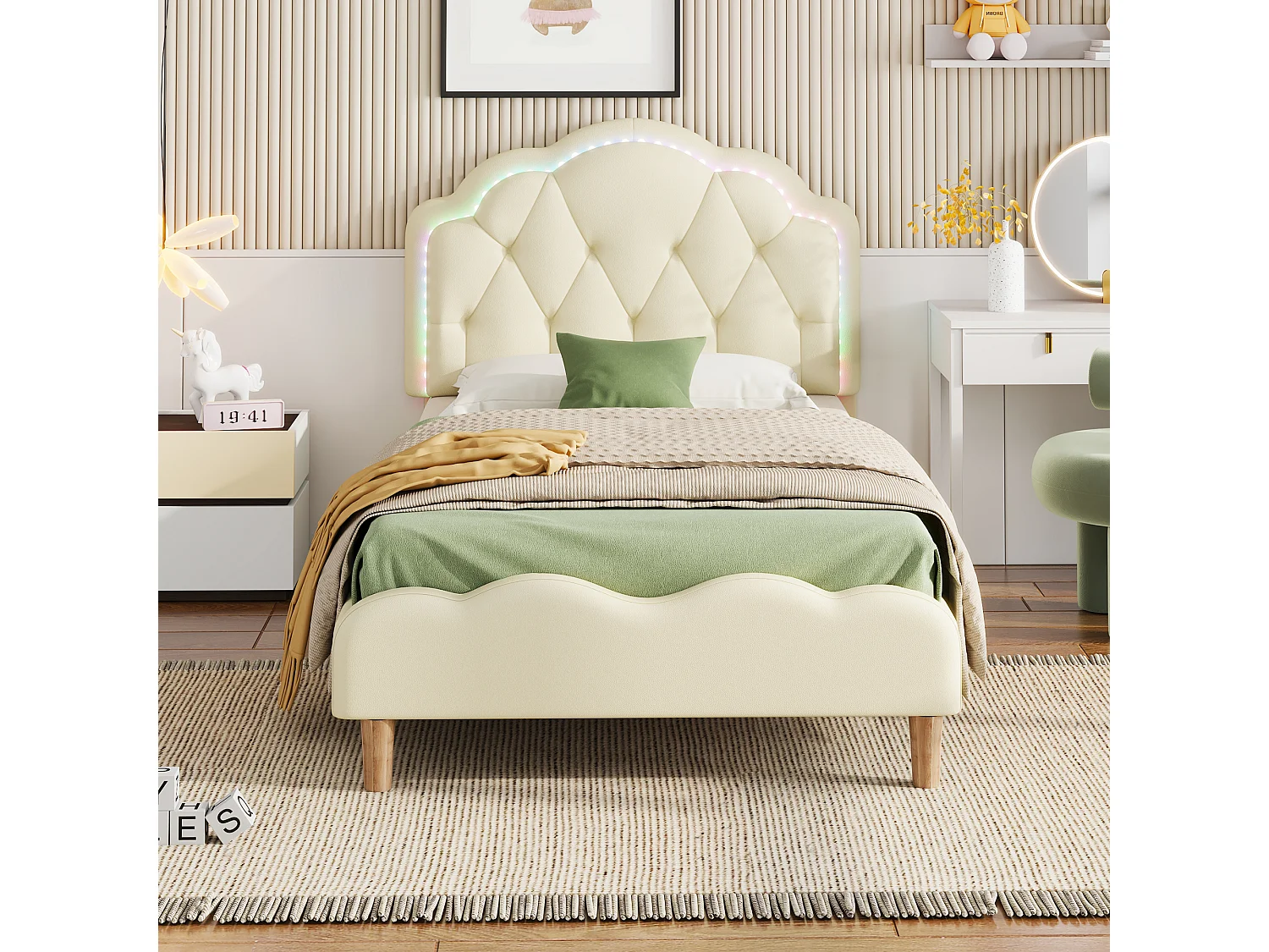 Lit enfant rembourré 90x200 cm beige en PU avec tête de lit ondulée, LED multicolore et sommier à lattes