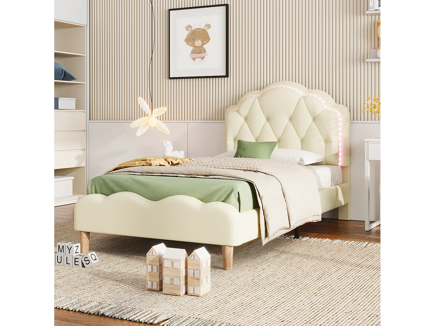 Lit enfant rembourré 90x200 cm beige en PU avec tête de lit ondulée, LED multicolore et sommier à lattes