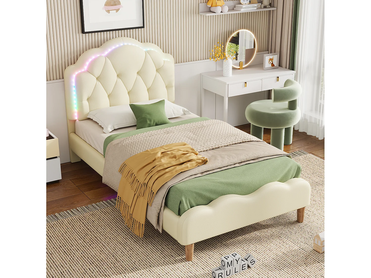 Lit enfant rembourré 90x200 cm beige en PU avec tête de lit ondulée, LED multicolore et sommier à lattes