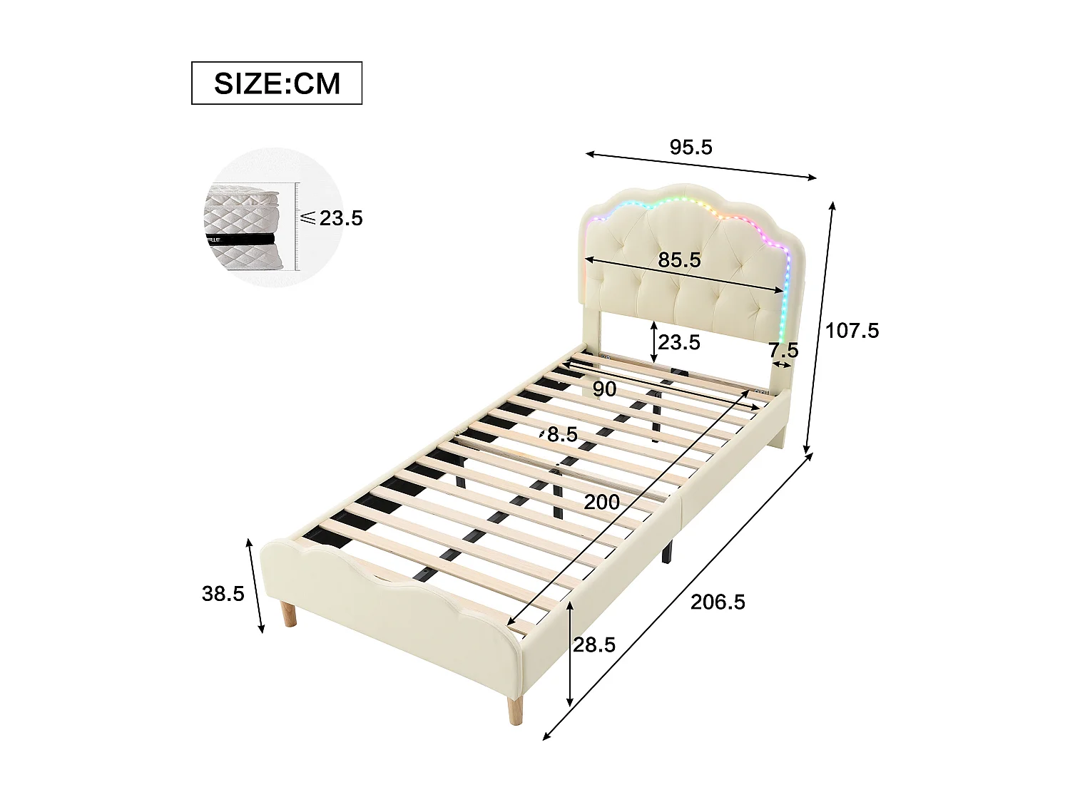 Lit enfant rembourré 90x200 cm beige en PU avec tête de lit ondulée, LED multicolore et sommier à lattes