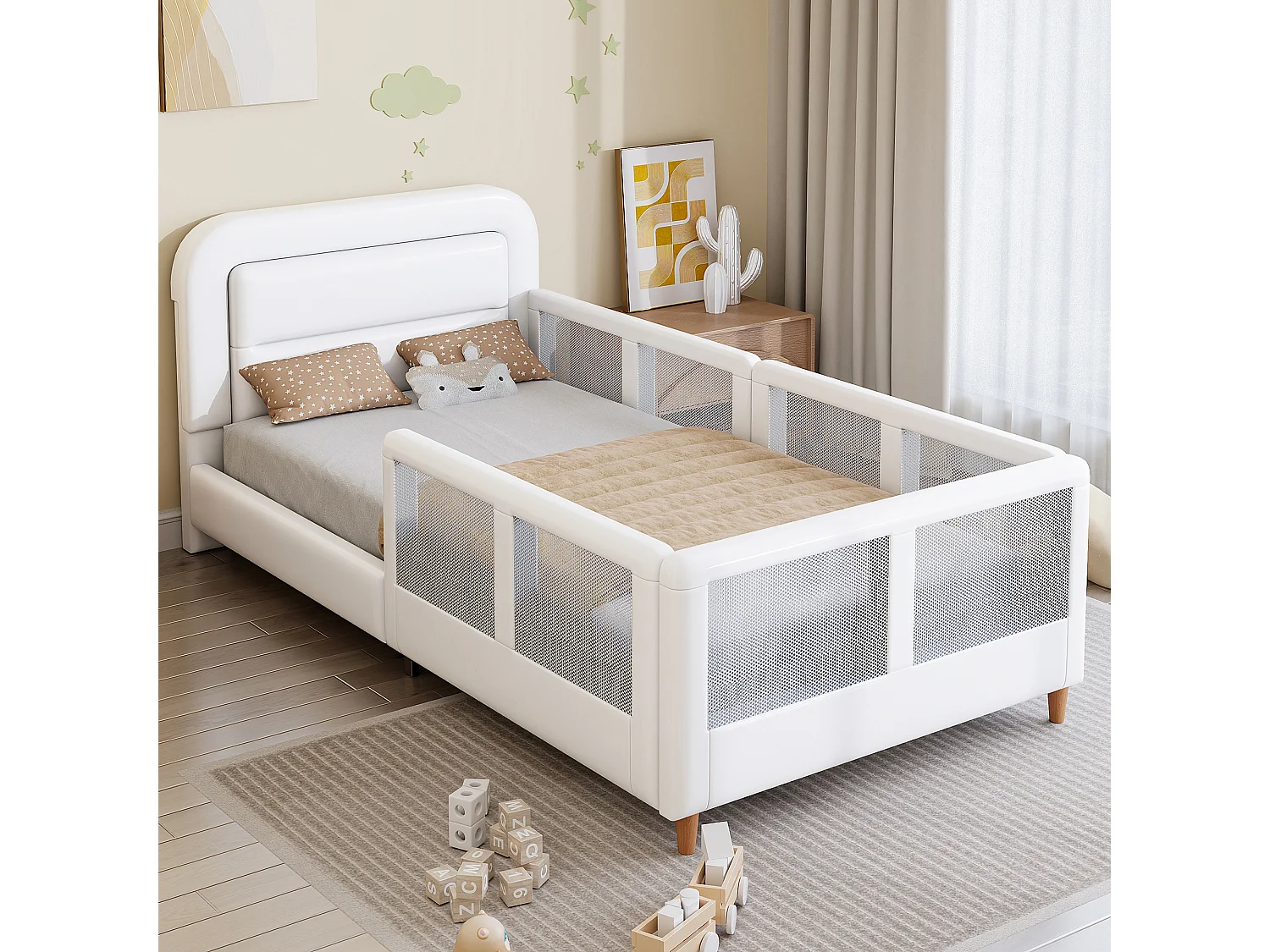 Lit cabane capitonné 90x200 cm avec barrières de sécurité, Lit plateforme design confortable moderne pour chambre, structure bois tissu blanc