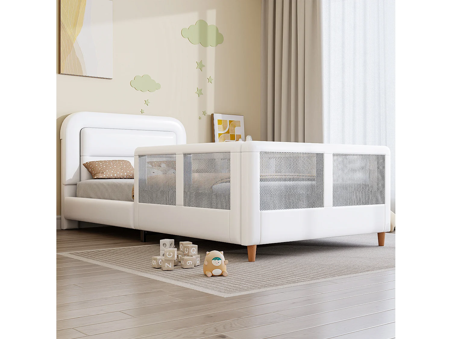 Lit cabane capitonné 90x200 cm avec barrières de sécurité, Lit plateforme design confortable moderne pour chambre, structure bois tissu blanc