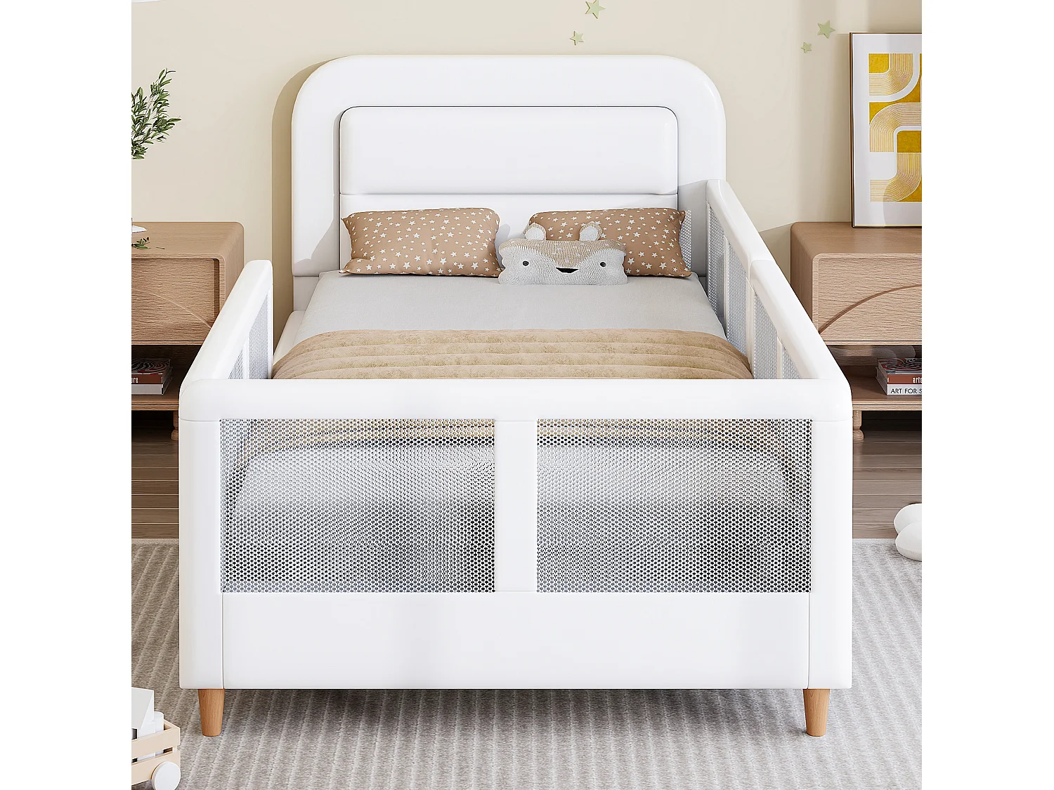 Lit cabane capitonné 90x200 cm avec barrières de sécurité, Lit plateforme design confortable moderne pour chambre, structure bois tissu blanc