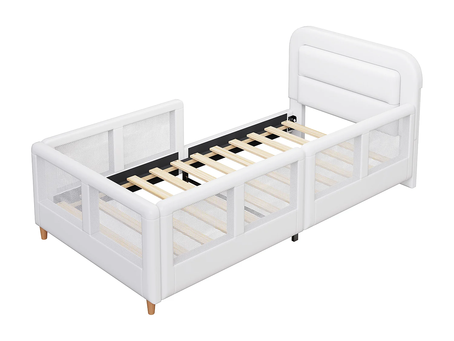 Lit cabane capitonné 90x200 cm avec barrières de sécurité, Lit plateforme design confortable moderne pour chambre, structure bois tissu blanc