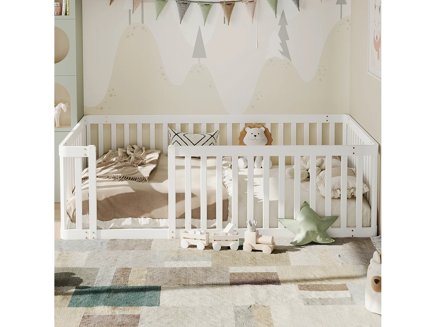 Lit cabane 90x200 cm avec barrières style clôture, design sécurisé pour chambre enfant, structure bois blanc