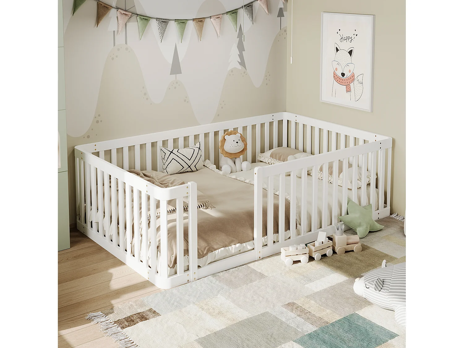 Lit cabane 90x200 cm avec barrières style clôture, design sécurisé pour chambre enfant, structure bois blanc