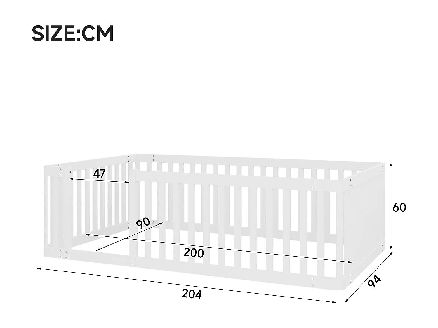 Lit cabane 90x200 cm avec barrières style clôture, design sécurisé pour chambre enfant, structure bois blanc
