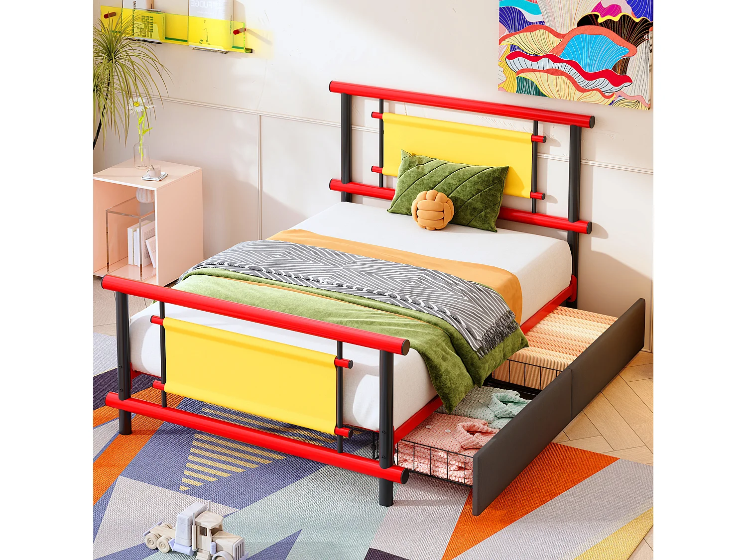 Lit enfant métal 90x200 cm avec tiroirs, lit plateforme coloré, structure acier robuste, gain de place pour chambre fille ou garçon - Rouge
